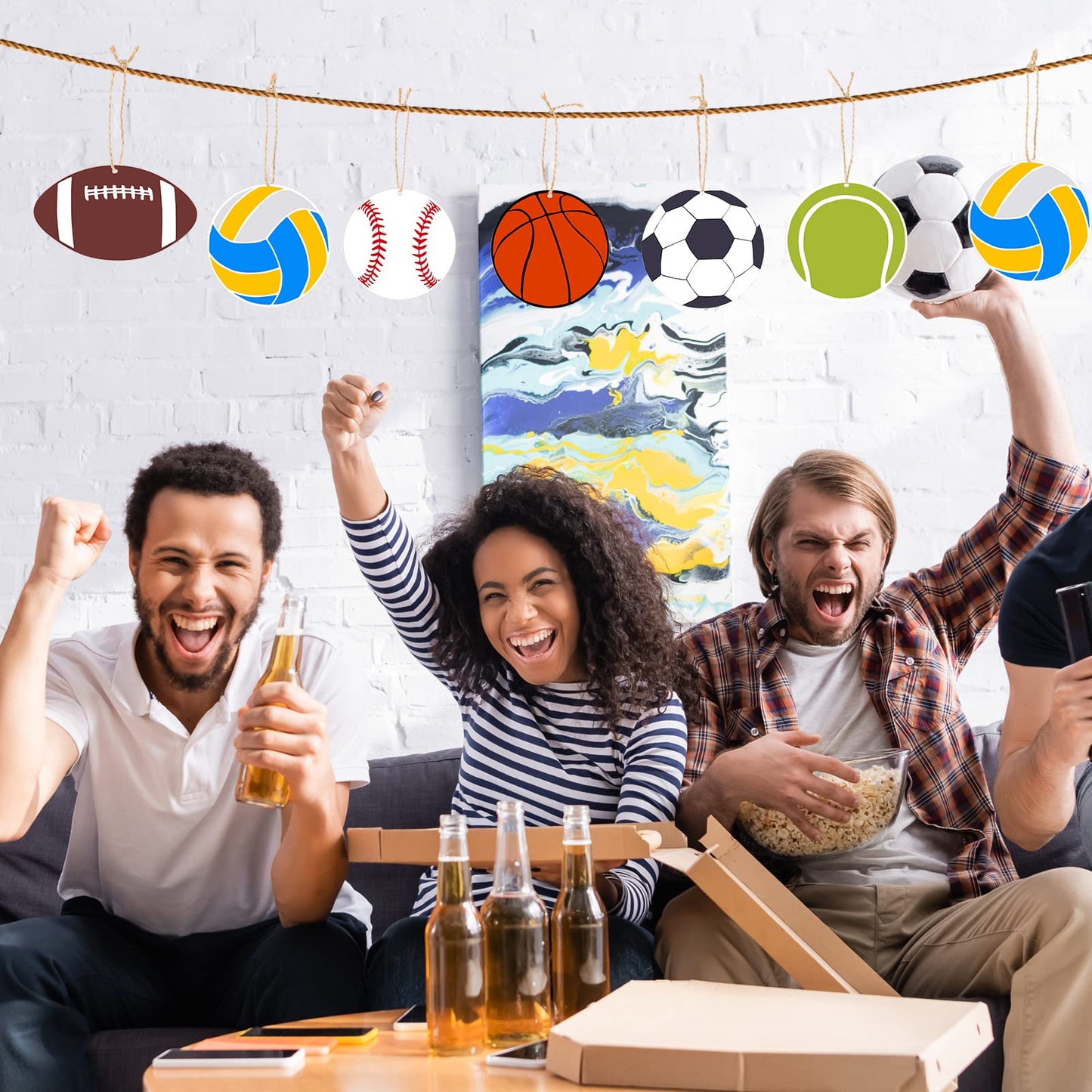 42 Pieces Sports Theme Unfinished Wood Cutouts Football Volleyball Baseball Basketball Soccer Tennis Shaped Wooden Slices with Twines Hanging Ornaments Sport Themed Party Home Decoration