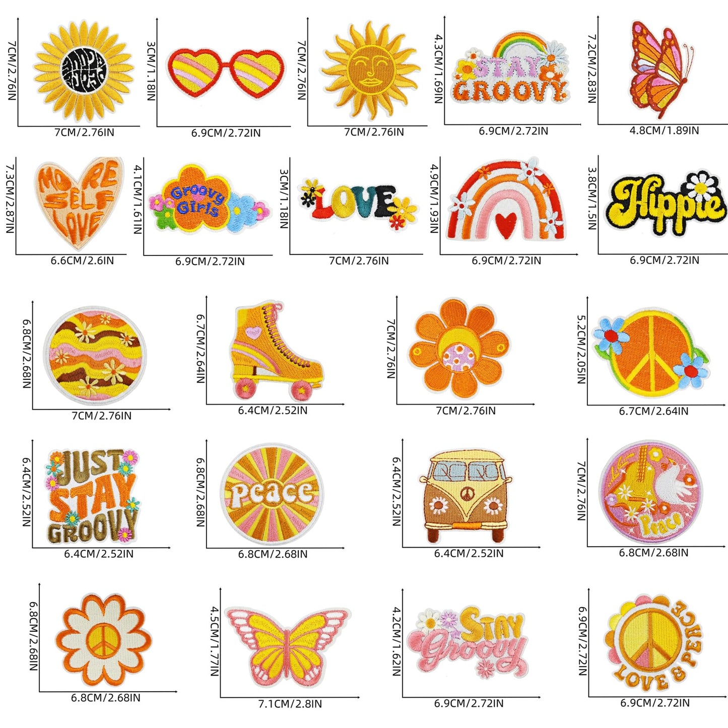 22Pcs Hippie Iron on Patches Groovy Boho Sew on Embroidered Applique Patches Embroidery Repair Decoractive Patches DIY Crafts Sewing Patches Decorations for Clothes Hats Jackets Jeans Backpacks