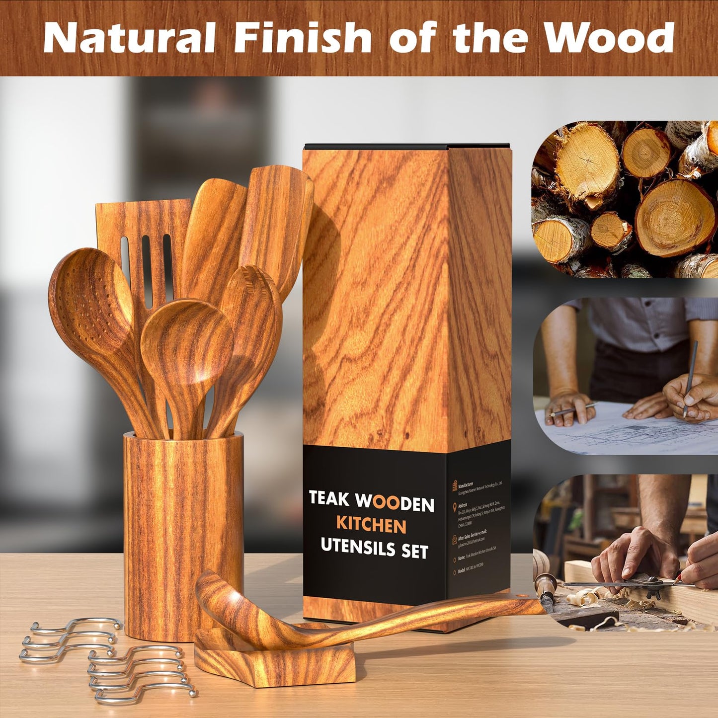 Natural Teak Kitchen Cooking Utensil Set with Holder, Wooden Spoons for Cooking, 10PCS Cooking Spatulas Set with Spoon Rest, Wooden Utensil Set for Nonstick Cookware Sturdy & Lightweight