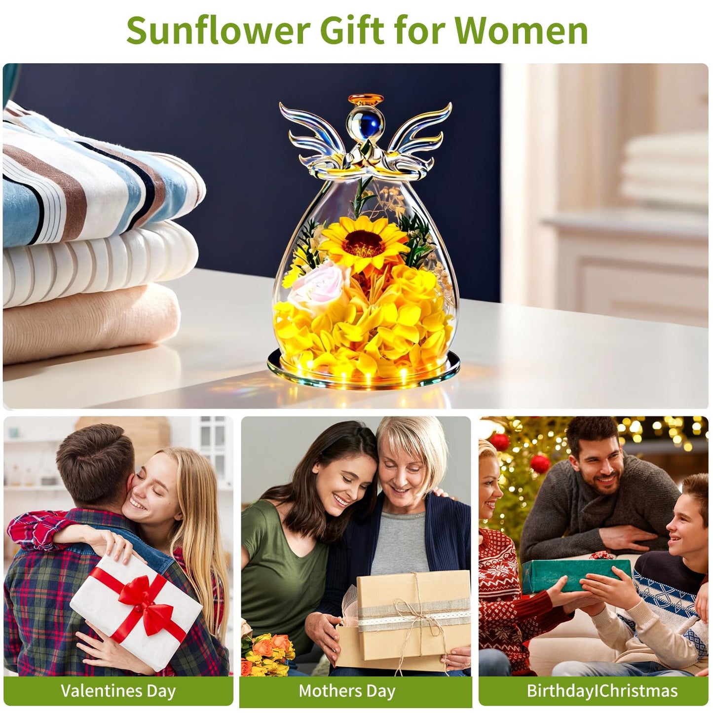 Angel Glass Dome with LED Lights, Preserved Sunflower and Rose Arrangement, Crystal Wings Topper,for Mother's Day,Valentine's Day,Birthday,for Indoor,for You to Send Love for All Occasions