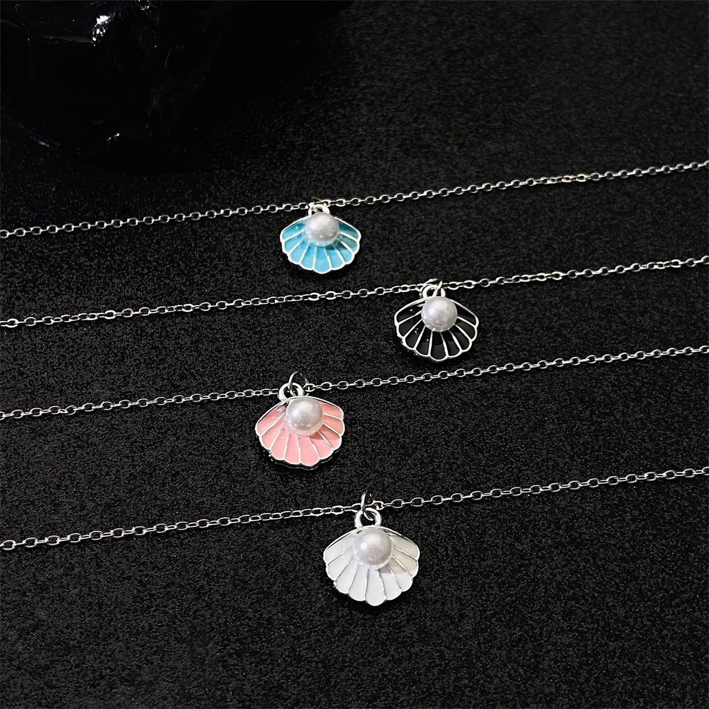 Seashell Pearl Pendant Necklace Gold Plated Boho Enamel Pink Blue Scallop Sea Shell Starfish Ocean Animal Chain Necklace for Women Hawaiian Summer Beach Holiday Fashion Jewelry Gifts (Black)