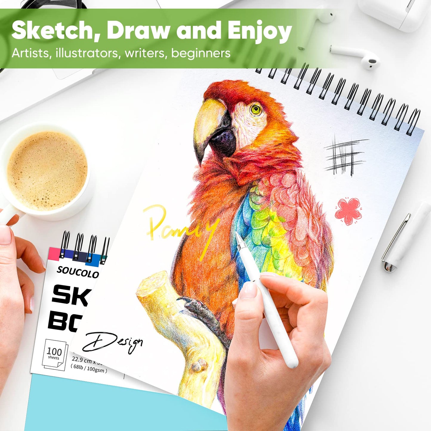 Soucolor Art Supplies Sketching Kit with 100 Sheets 2 Pack Sketchbook, Girl Gifts, Arts and Crafts for Kids Ages 8-12, School Supplies 9x12 Sketch Book Gifts for Kids Teens(Blue and Pink )