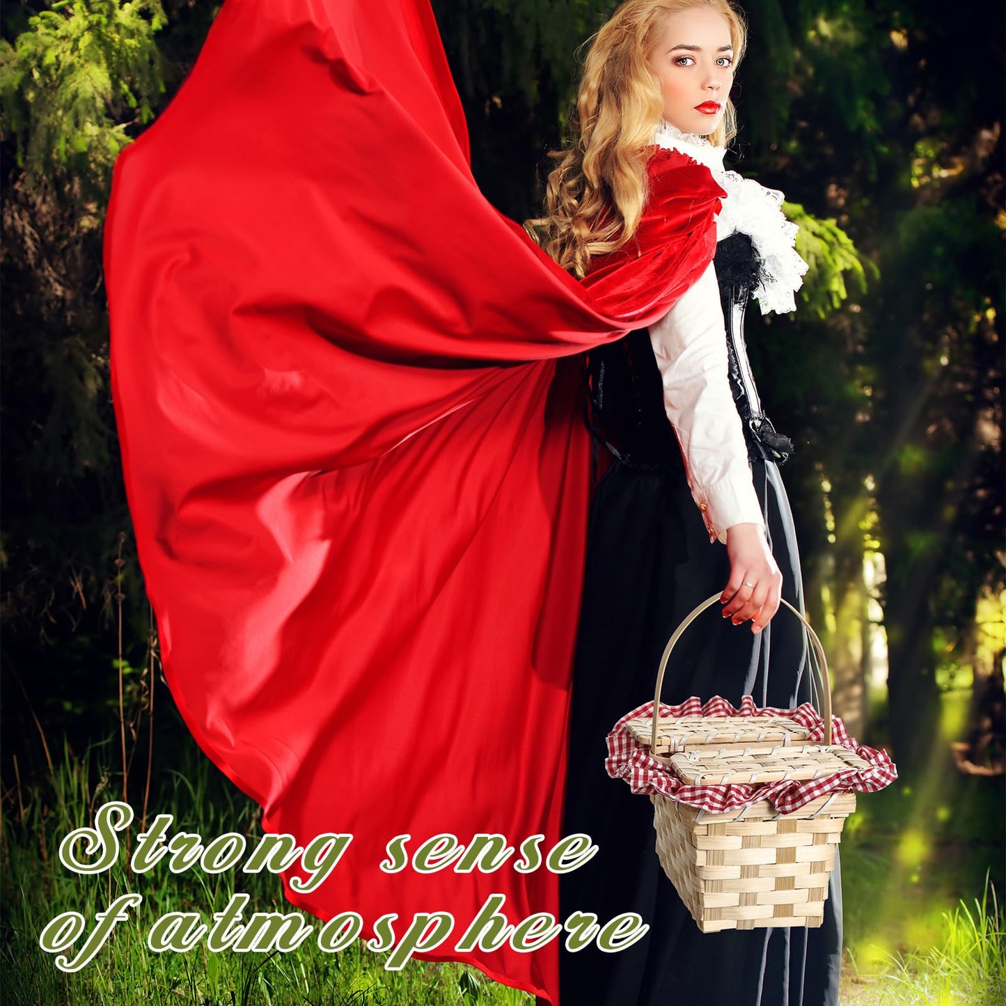 Teenyyou Mini Picnic Basket, Costume Accessory, Small Gingham Picnic Hamper for Halloween Women Costume Cosplay Accessory Hooded Cape Masquerade Dress up(Red and White)