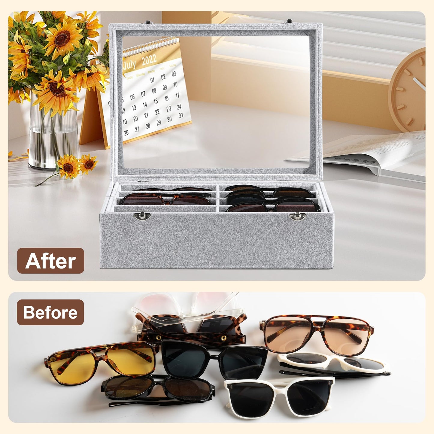 Frebeauty 16 Slots Sunglasses Organizer,2 Layer Velvet Sunglasses Tray with Glass Lid,Multiple Pairs Sunglass Display Case for Man or Woman,13.7 * 10.25 * 4.1 Inches Eyeglass/Eyewear Box (Grey)
