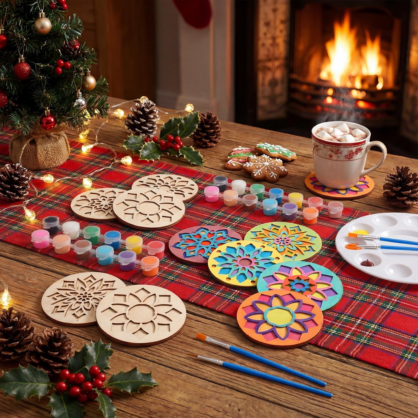 DoubleFill 12 Pcs Wooden Coasters Painting Kit with Paint Art Drink Coaster Gift Craft DIY Kit for Adults, Women, Hobby, Christmas Decoration Home Apartment Decor(Mandala)