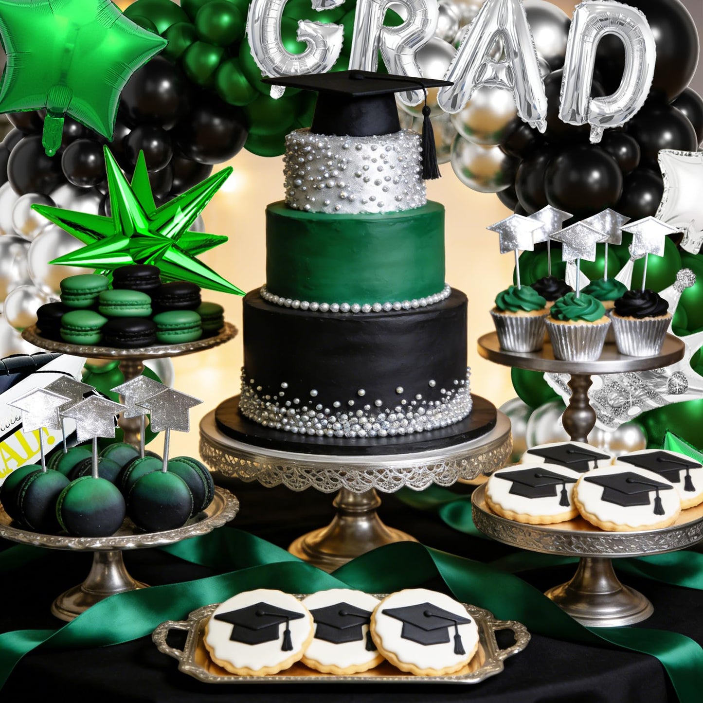 Graduation Balloon Arch Garland Kit Green Black Silver Graduation Decorations 2026 for College High School Class of 2026 Grad Party Prom Decor