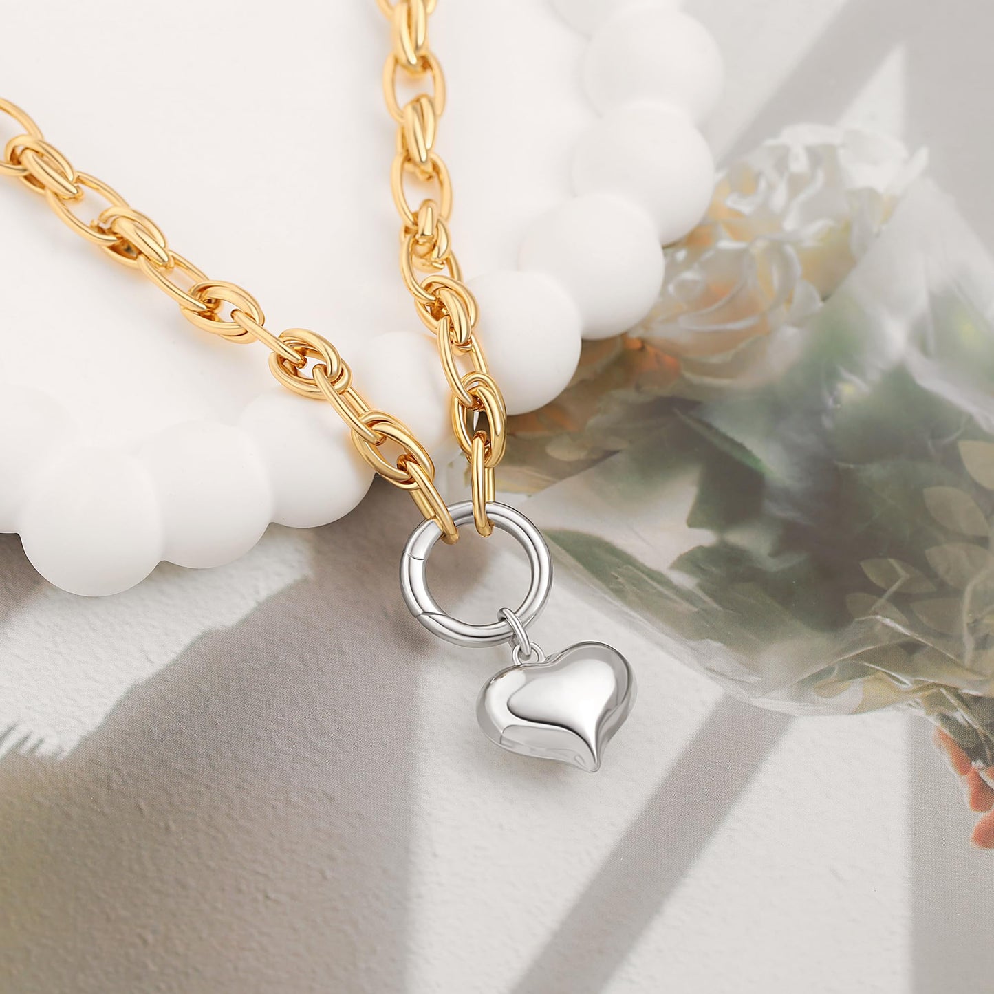 CANEVINKA 18K Gold Plated Chunky Two Tone Necklace for Women Gold and Silver Puffy Heart Necklaces Vintage Statement Jewelry