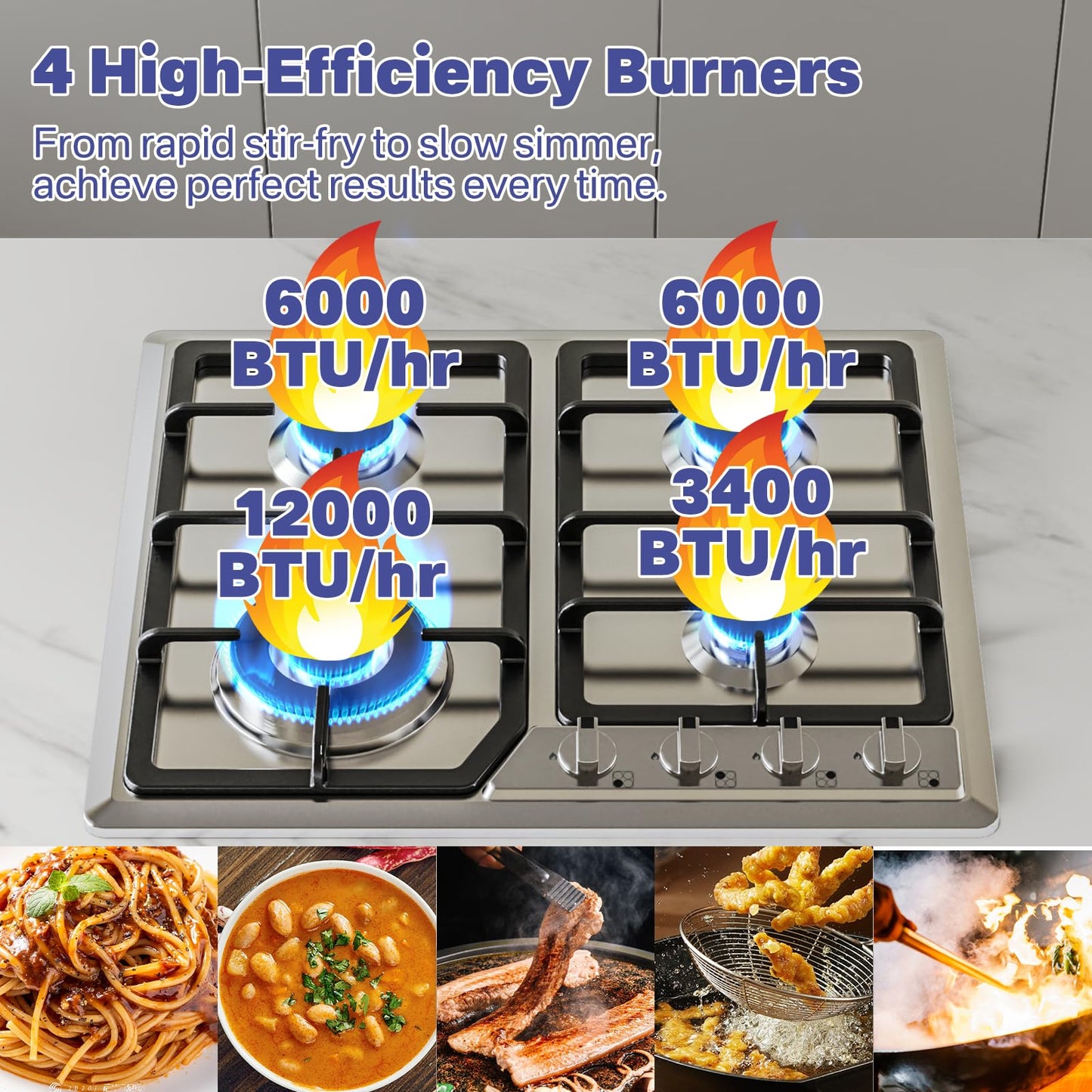 Nardea Gas Stove Top, 4 Burners LPG/NG Convertible Stainless Steel Gas Stove Top with Thermocouple Flameout Protection, Electric Ignition Built-in Countertop Hob for RV, Indoor & Outdoor Use