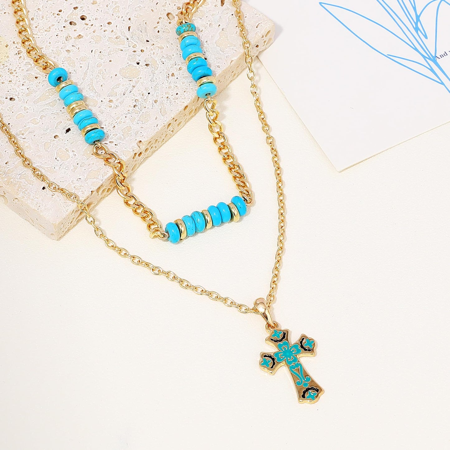 Bohemian Layered Turquoise Beaded Cross Necklace for Women, Turquoise Stone Beads Green Enamel Cross Pendant Necklace with Vintage Pattern Adjustable Gold Chain Boho Summer Beach Religion Jewelry Gift