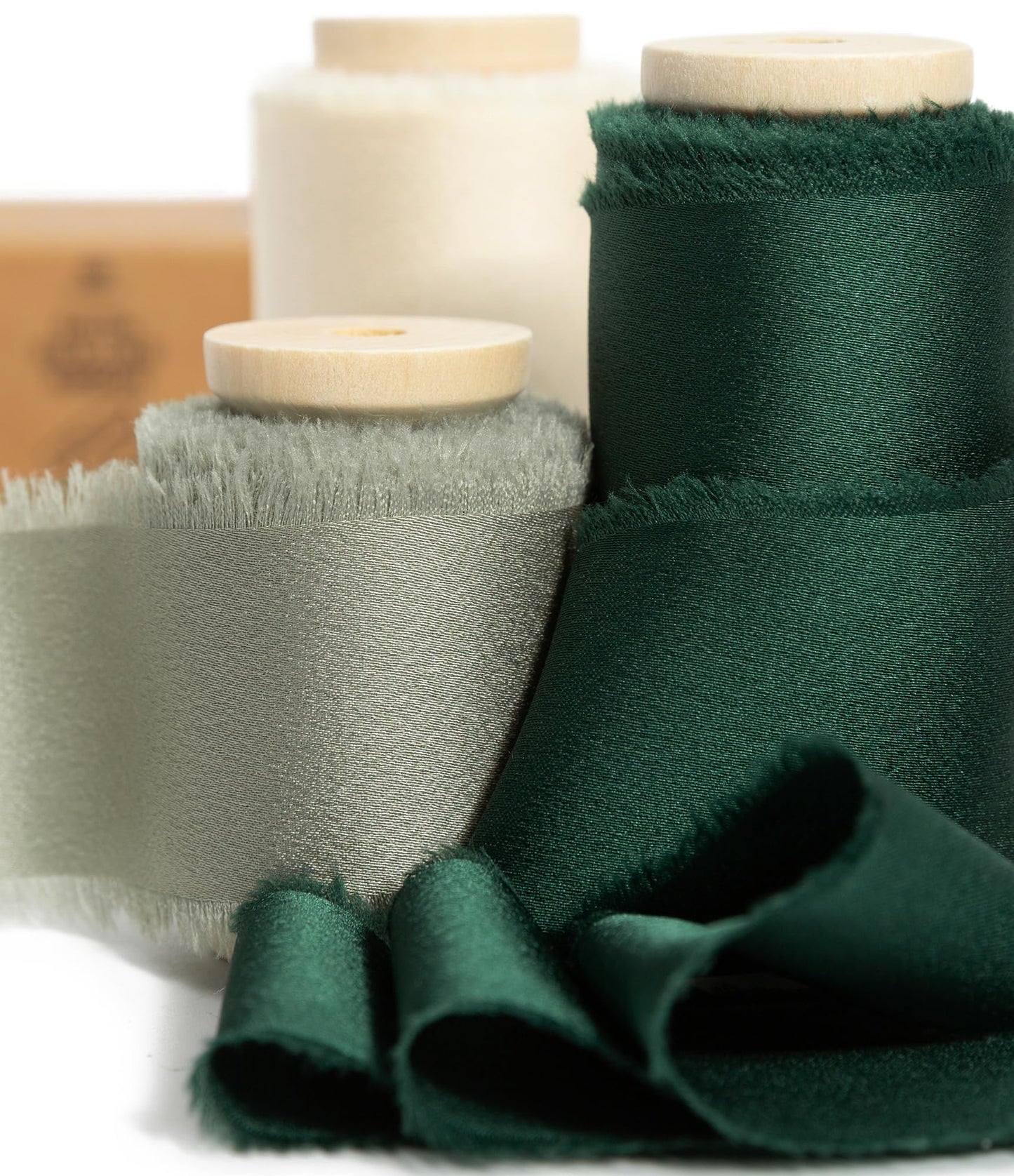 Vitalizart Silk Satin Ribbon 1-1/2 Inch x 15 Yard Green & Cream Handmade Frayed Ribbons for Gift Wrapping Baby Shower Wedding Bridal Bouquets Holiday Decor Sage Ivory White