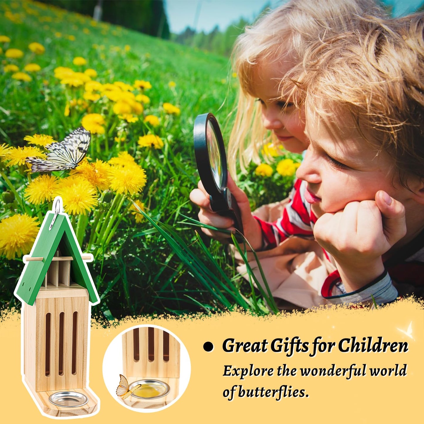 Butterfly House and Feeder for Outside, Wooden Butterfly House for Garden, Natural Butterfly Habitat with Butterfly Puddler on The Floor or Hanging on Tree Wall
