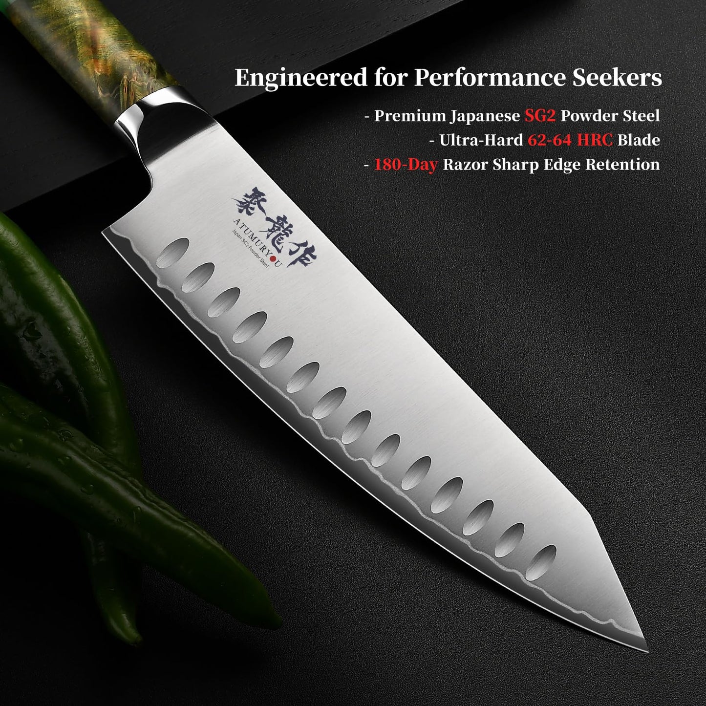 Japanese Chef Knife with SG2 Powder Steel, 8 Inch Professional Kitchen Knives, Handcrafted Kiritsuke Knife with Unique Jade Green Ergonomic Handle, Superior Edge Retention & Exceptional Durability
