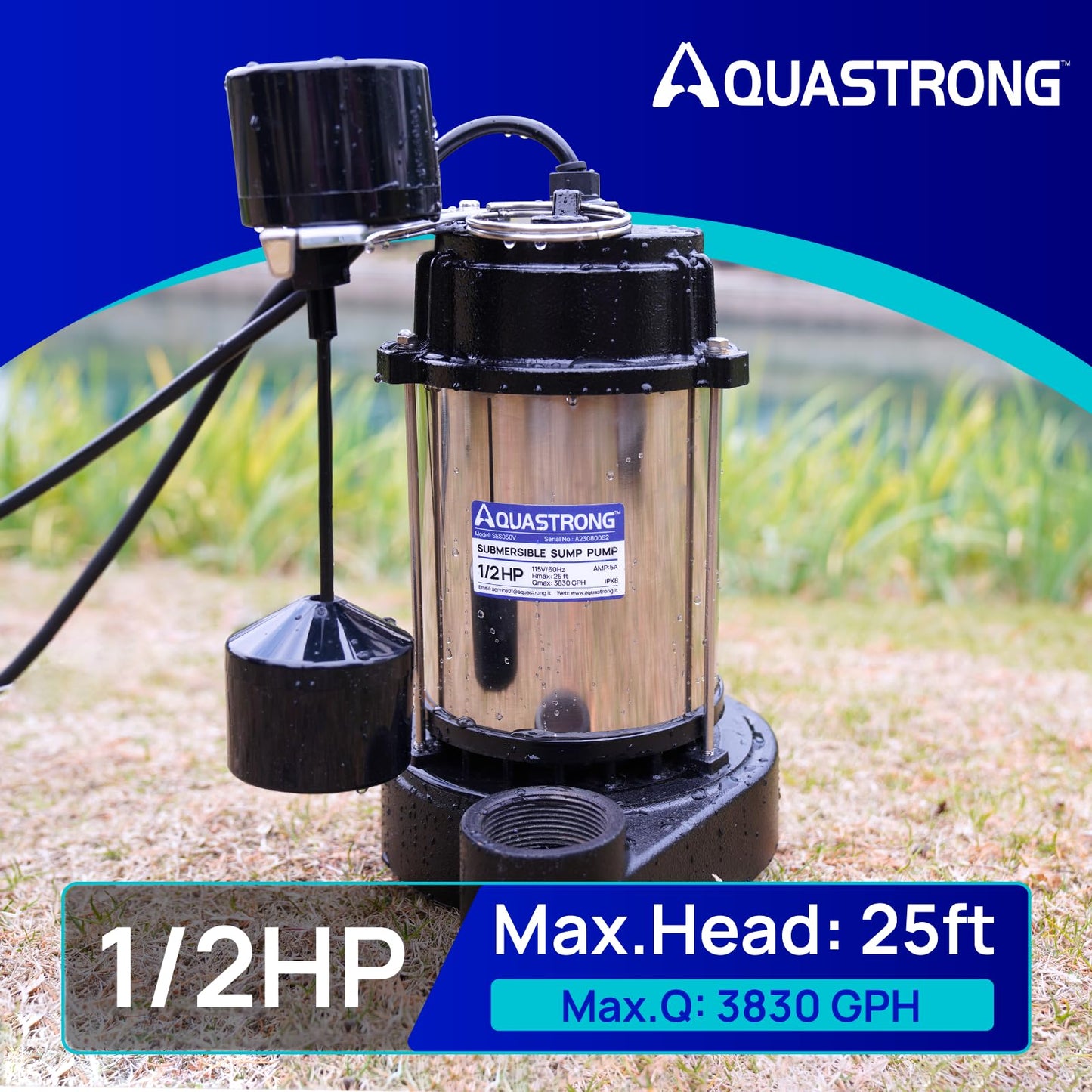AQUASTRONG 1/2 HP Sump Pump Submersible, 3830 GPH Stainless Steel and Cast Iron Basement Water Pump, Automatic Integrated Vertical Float Switch with Piggy-back Plug,1-1/2" NPT Discharge Subpumps