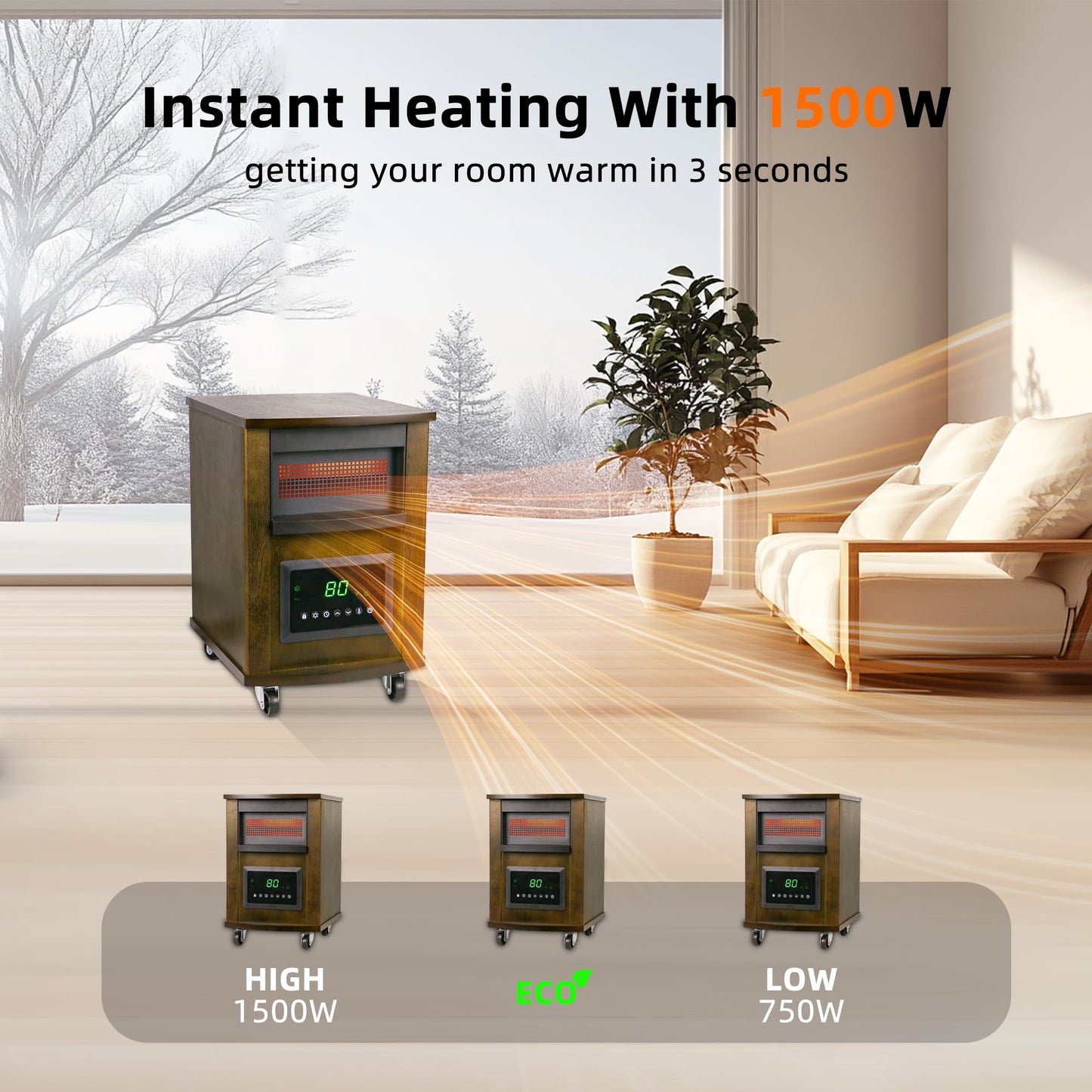 Infrared Heaters for Indoor Use 1500W Space heater with 3 Heat Settings Remote Overheat and Tip-over Proteciton Child Lock 12H Timer Electric Heater Indoor WEWARM