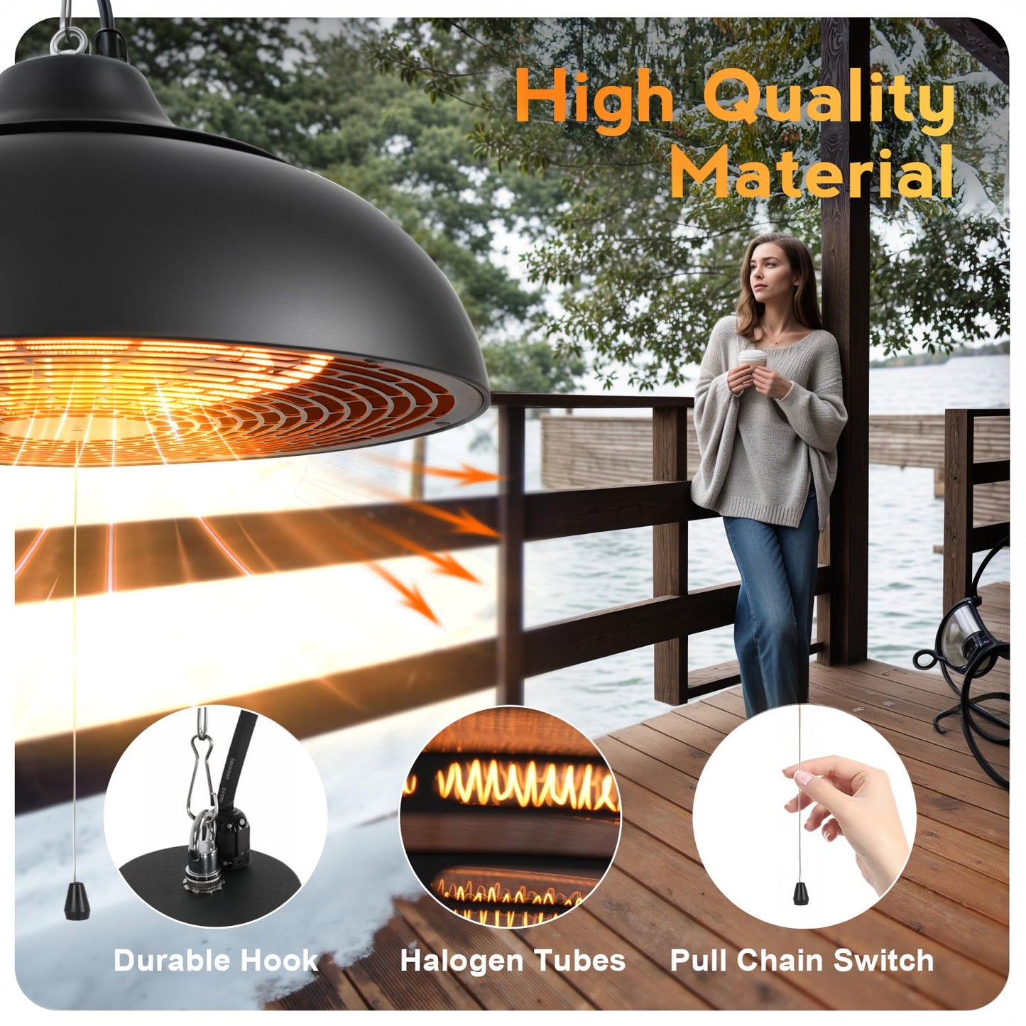 Cobuy 1500W Electric Hanging Patio Heater, 3S Instant Heat, Ceiling-Mounted Outdoor Heater with 3 Modes, Quiet Operation, Overheat Protection, IP55 Waterproof for Patio, Balcony (black, hanging)