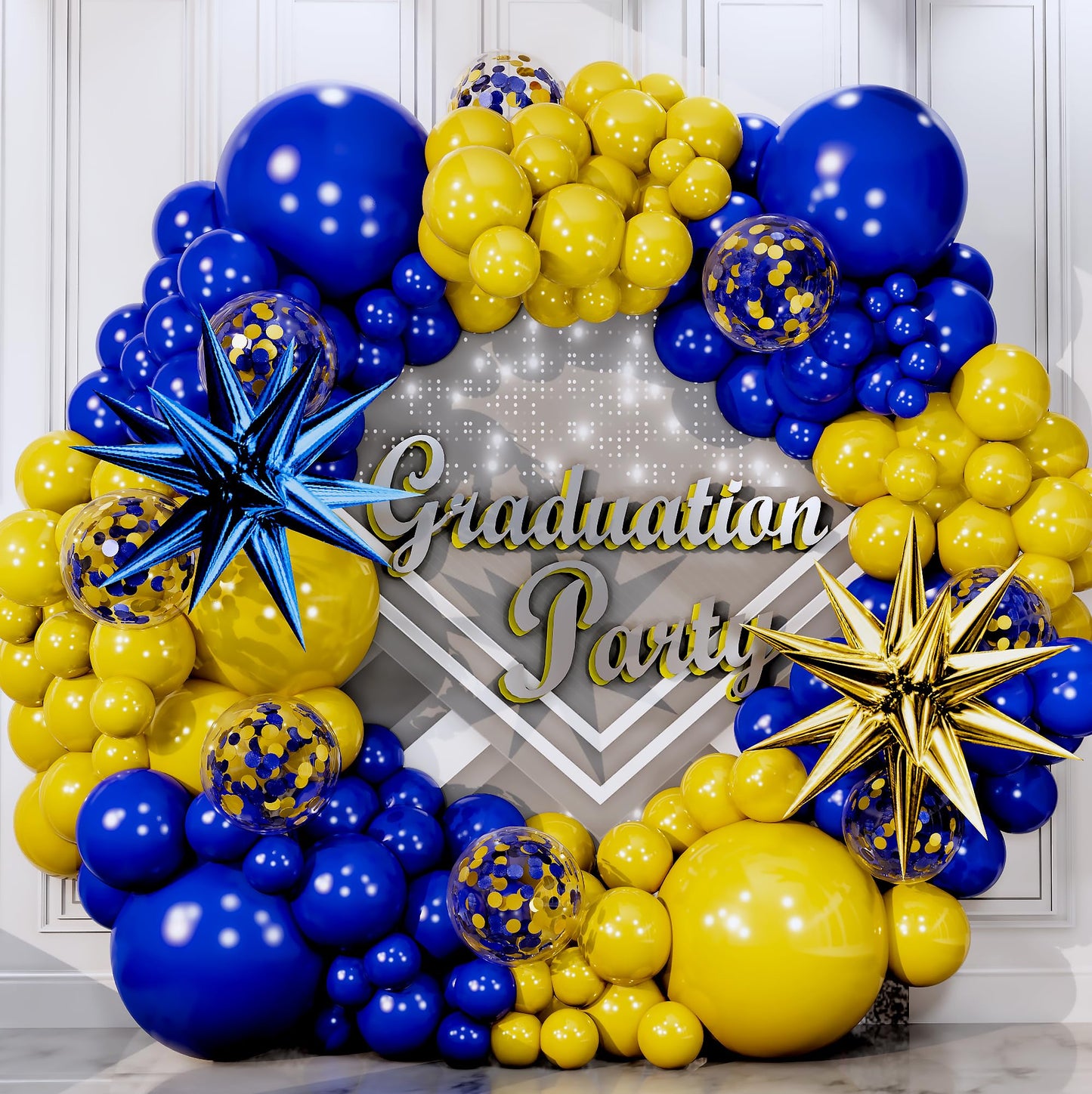 ALL-IN-1 Blue and Yellow Balloon Arch Kit with BONUS 2x Starburst Balloons - Yellow and Blue Balloons for Blue and Yellow Party Decorations, Graduation, Ucla Party, Club America Party Decorations
