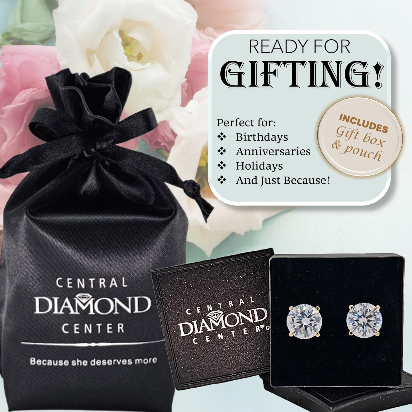 Central Diamond Center Women’s 14k Gold post & Sterling Silver – Yellow, 4 Prong CZ Stud Earrings (10.0mm - 8.00cttw)