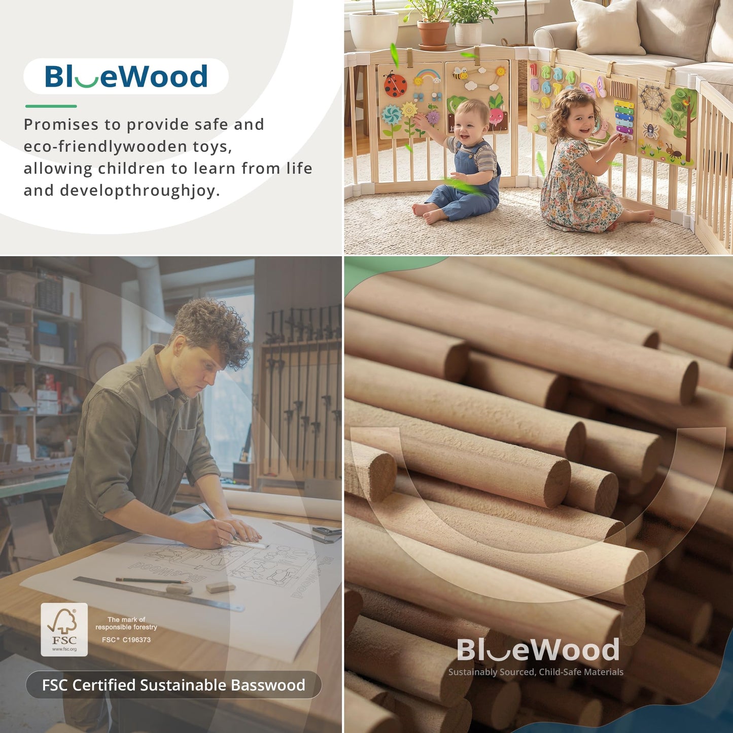 BlueWood Wooden Busy Board for Toddlers, 14-in-1 Montessori Philosophy Educational Toy, Activity Center Made from Basswood, No Drilling, Easy to Carry & Store