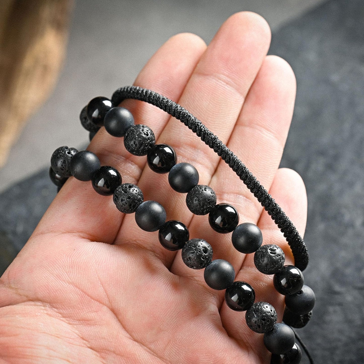 SAMXY Mens Bracelets Beads-8MM Black Onyx Obsidian Lava Stone Beads-2Pcs Handmade Natural Stone Crystal Healing Bracelet-Protection Bracelet for Men