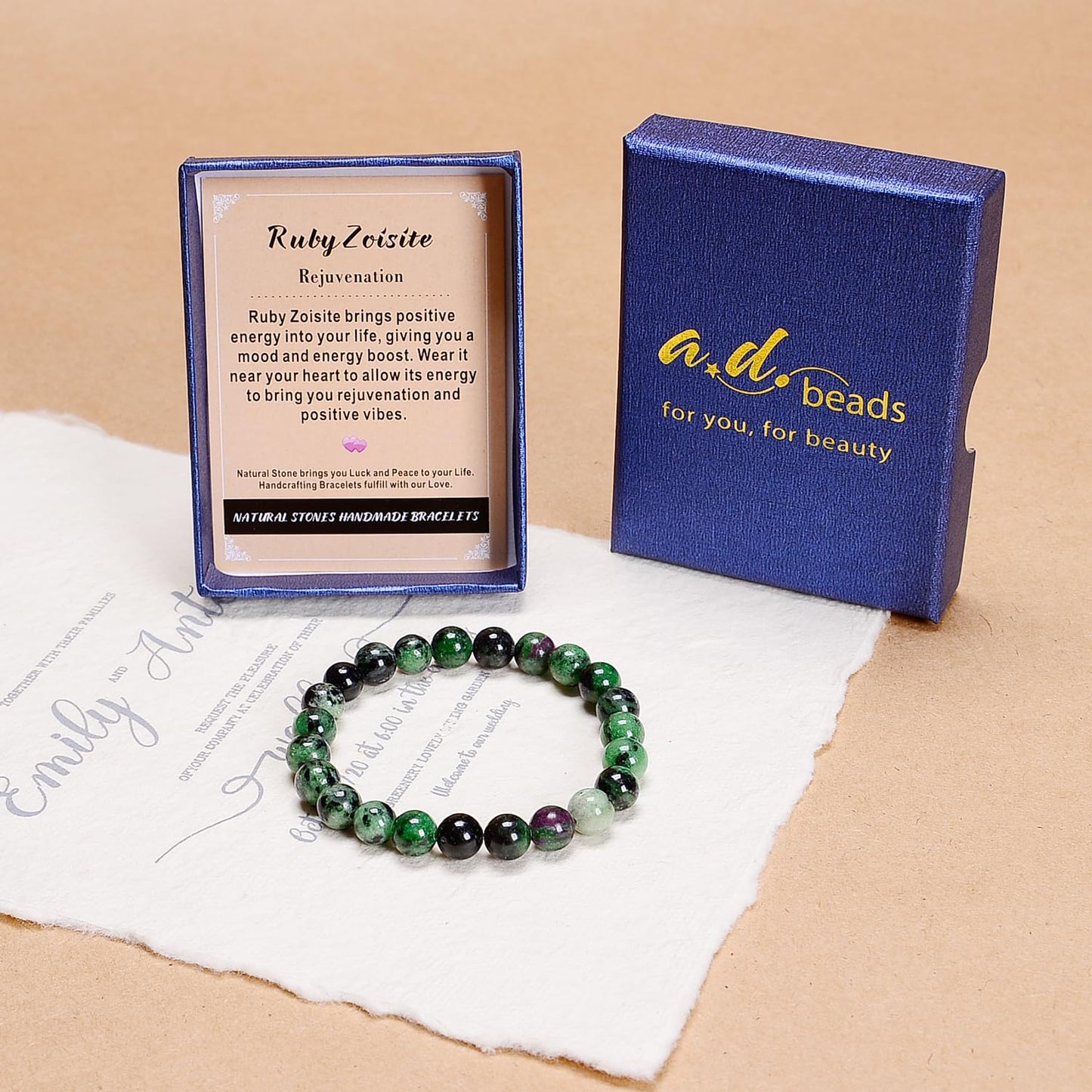 AD Beads Handmade Gemstone Stretch Elastic Bracelet Crystal Healing Reiki Nature's Beauty and Spiritual Essence Unisex (8mm, Ruby Zoisite (Rejuvenation))