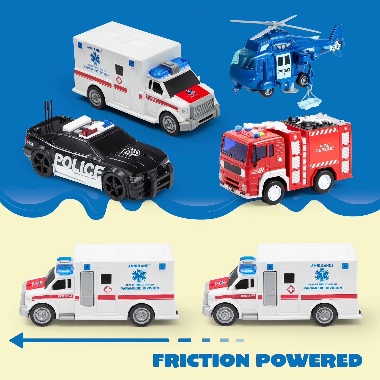 JOYIN 4 Packs Emergency Vehicle Toy Playsets, Friction Powered Vehicles with Light and Sound, Including Fire Truck, Ambulance, Play Police Car and Helicopter, Toddler Kids Boys Gifts