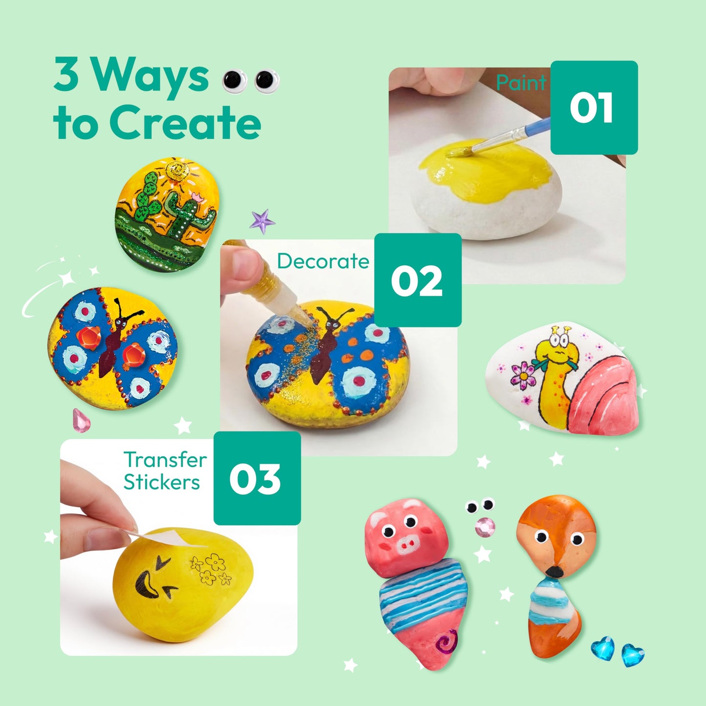 Rock Painting Kit for Kids, Arts and Crafts for Girls & Boys Ages 6-12, DIY Supplies for Painting Rocks, Easter Craft Kits Art Set, Toddler Birthday Christmas Presents, Family Indoor Activity