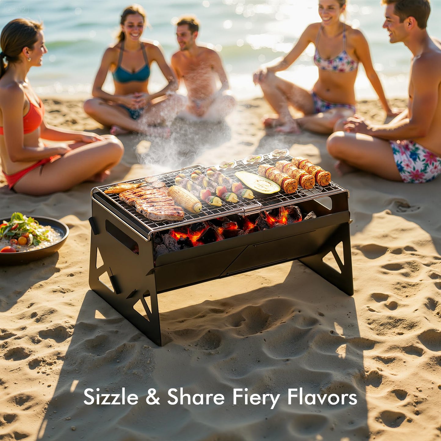 Raynesys Charcoal Grill, Folding Portable Grill, with Carry Bag, Camping Firepit for Outdoor Cooking, Campfire, Patio, Backyard, Backpacking, Party, 15.35 * 12.99 * 5.51 Inches
