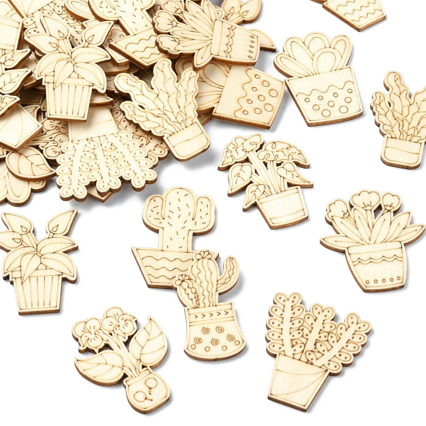 Gythara 100 pcs Mixed Styles Cactus Potted Theme Unfinished Wood Cutout Charms Tropical Desert Plant Flower Wood Slices for DIY Painting Art Craft Home Party Decor Embellishments
