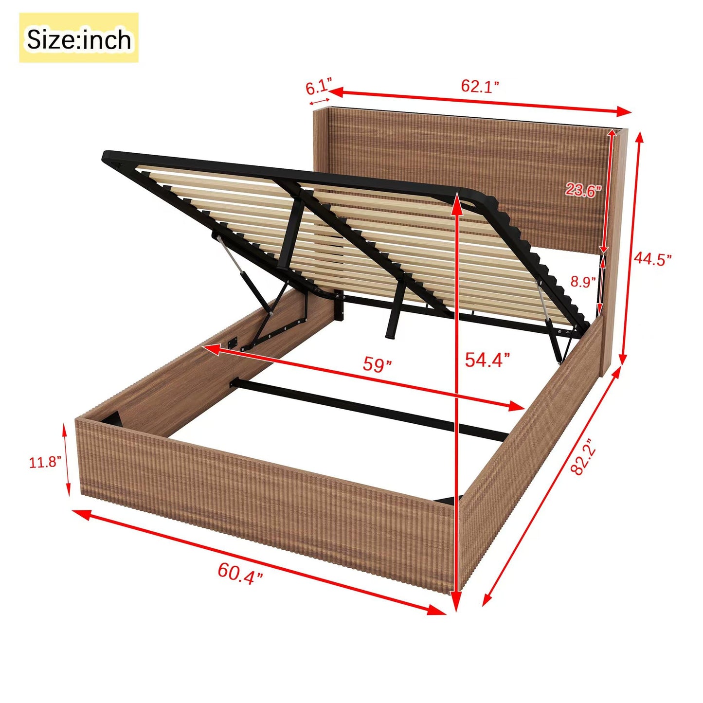 Lift Up Storage Bed Queen Size, Queen Bed Frame with Headboard and Lift Storage System, Wood Headboard with Wing-Back and Convex Groove Board Design