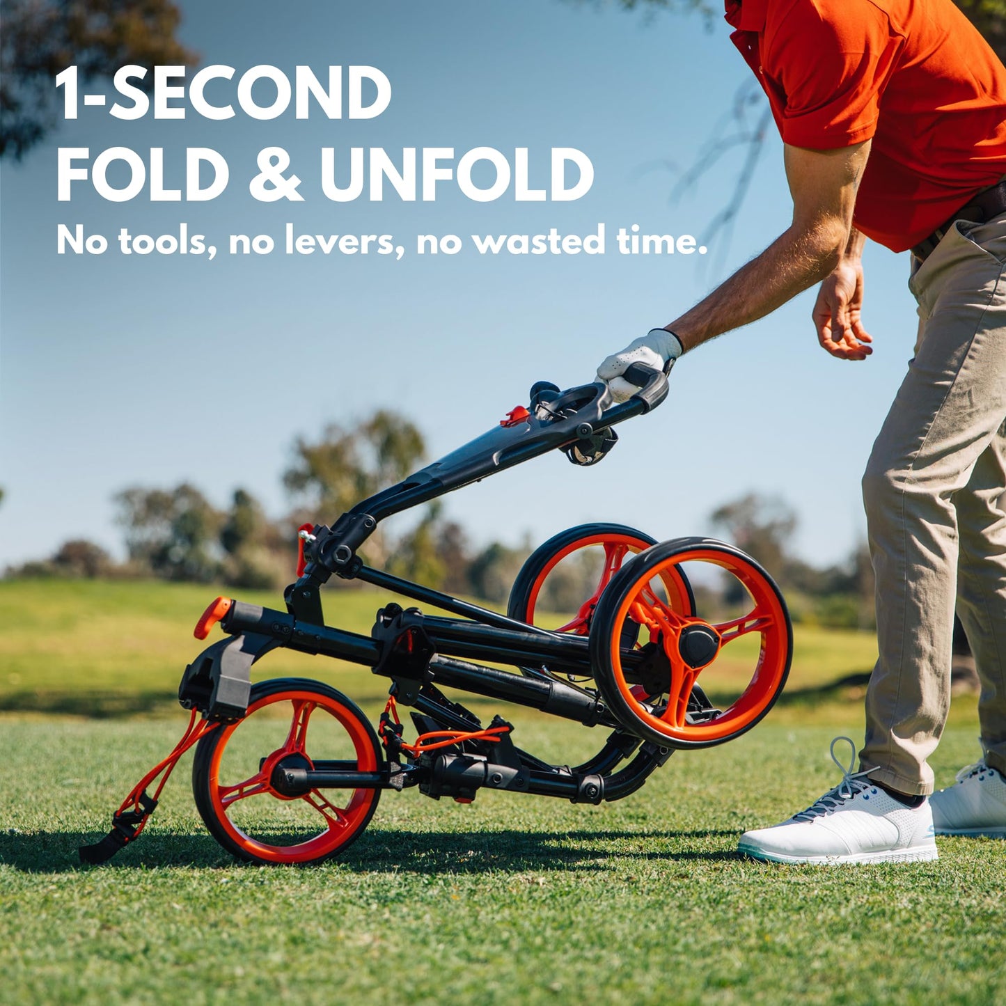 Qwik-Fold 3-Wheel Golf Push Cart with Foot Brake – 1-Second Fold & Unfold Trolley, Lightweight Aluminum Frame, Adjustable Handle, Smooth Ball-Bearing Wheels, Umbrella Holder & Storage - Black/Charcoal