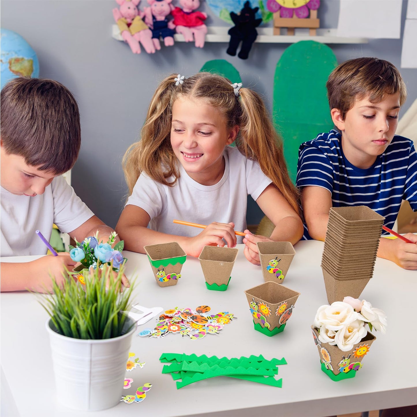 Ayfjovs 30 Pack Garden Paper Pot Craft Kit, Square Plant Pots with 120 PCS Adhesive Foam Stickers & 30 PCS Plant Pots Labels, Plant Craft for Classroom DIY Planting, Kids Summer Craft, Father's Day