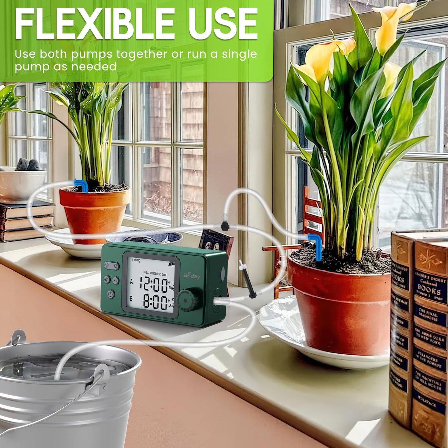 Automatic Watering System Dual Pump for Indoor Plants, Built-in Rechargeable Battery, Two Independent Water Zones, Worry-Free Vacation Drip Irrigation Kit, Water-Saving Smart Plant Waterer, Green