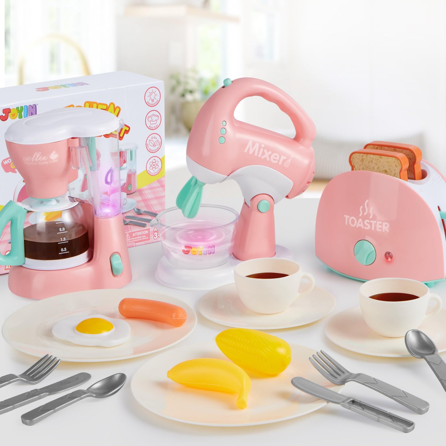Joyin Play Kitchen Toys, Pretend Food Kitchen Accessories Girls Toy with Coffee Maker, Mixer, Toaster with Realistic Lights& Sounds, Birthday Gift for Kids