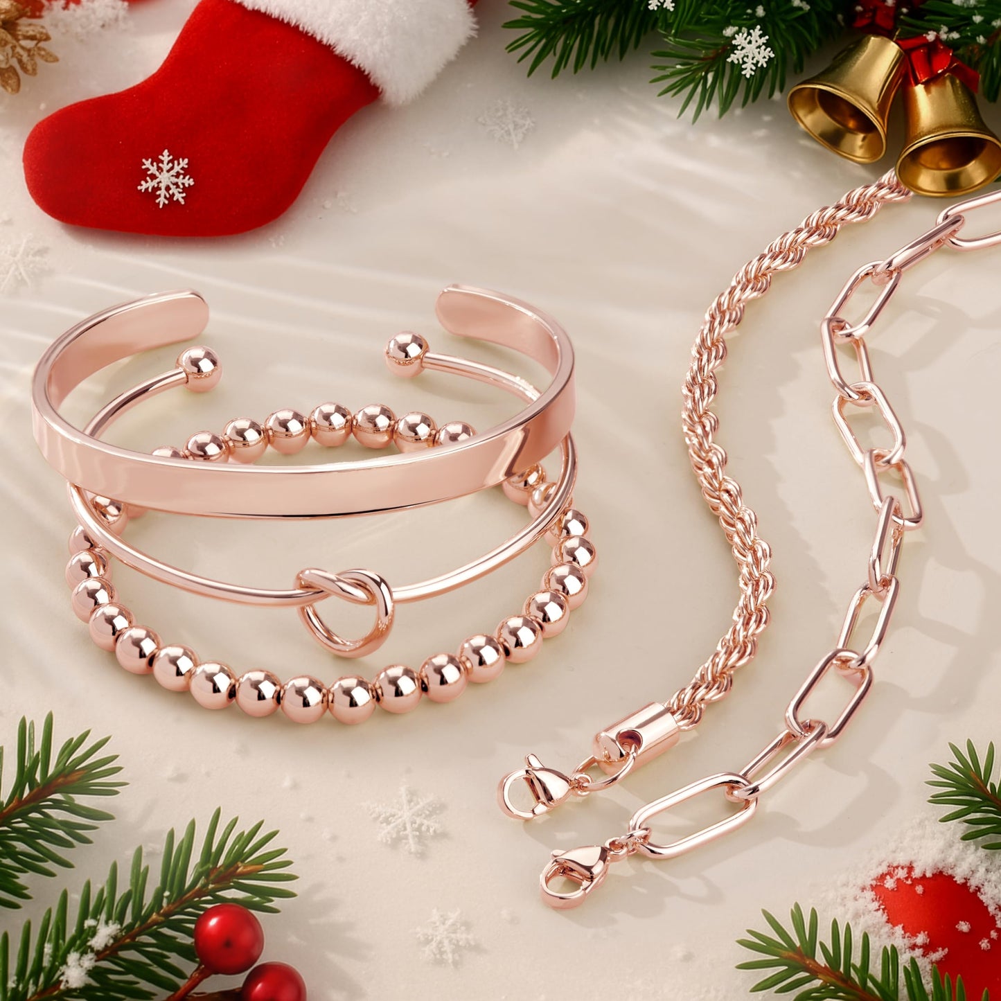 Gokeey Rose Gold Cuff Bracelets for Women,Dainty Rose Gold Bangles Bracelets Set for Women, Paperclip Link Chain Rope Beaded Tie Knot Bracelets Stack Chunky Jewelry