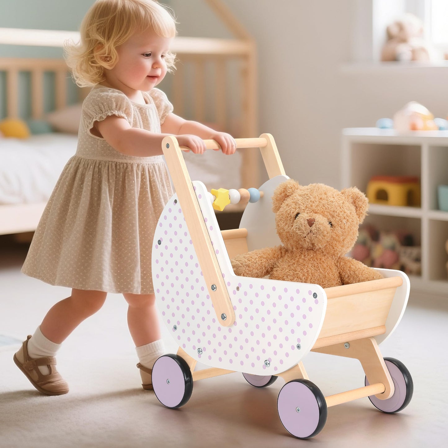 Pillowhale Wooden Baby Walker & Doll Stroller – Adjustable Handle Push Cart, Anti‑Tip, Quiet Wheels, Pretend Shopping Cart – Montessori Wooden Walker for Babies, Doll Stroller for Toddlers 12m+
