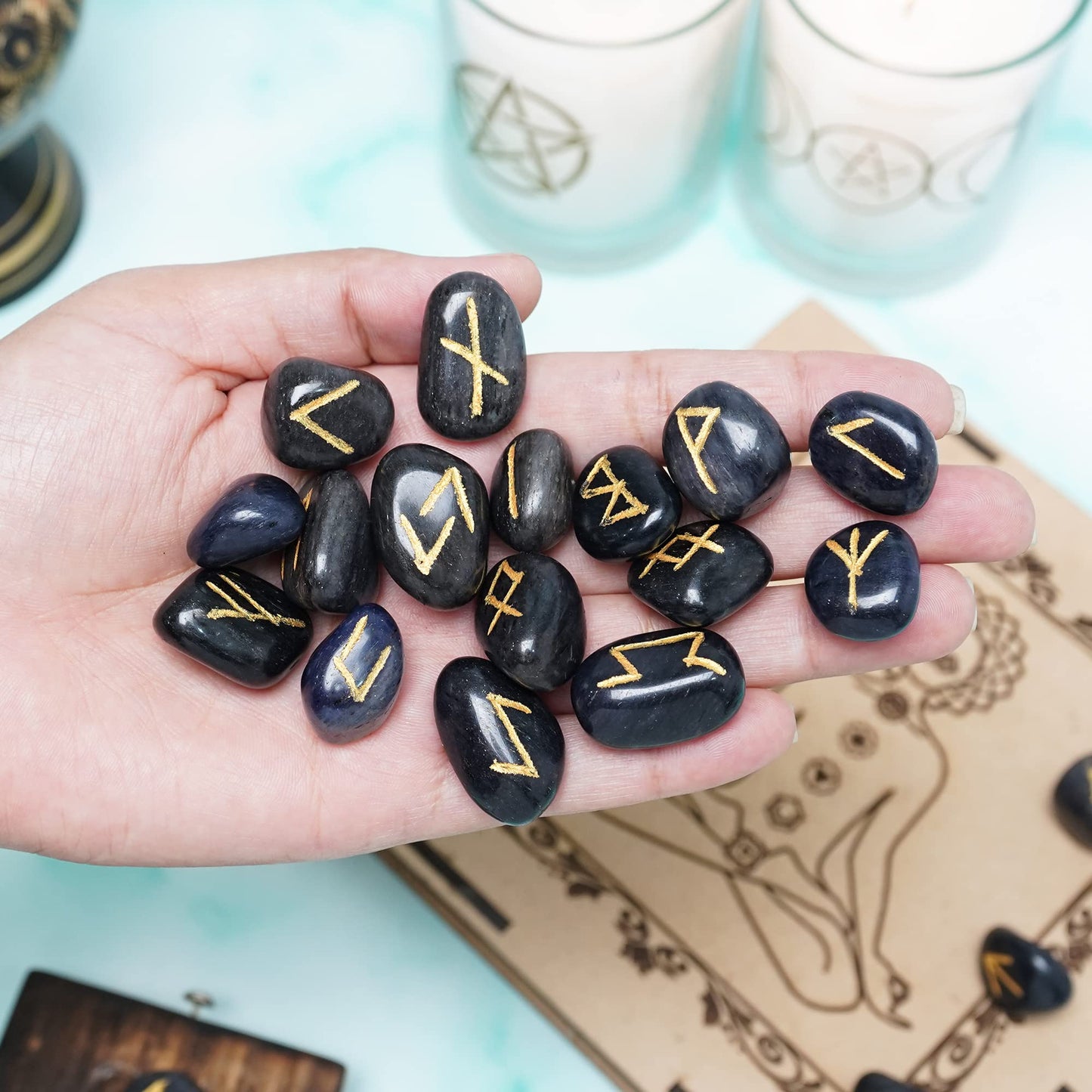 Crocon Blue Jade Rune Stones Set Engraved with Elder futhark Crystal Runes Set Reiki Healing runas for Meditation Chakra Balancing Stone for Beginners Crystal Guide & Pouch 15-20 mm