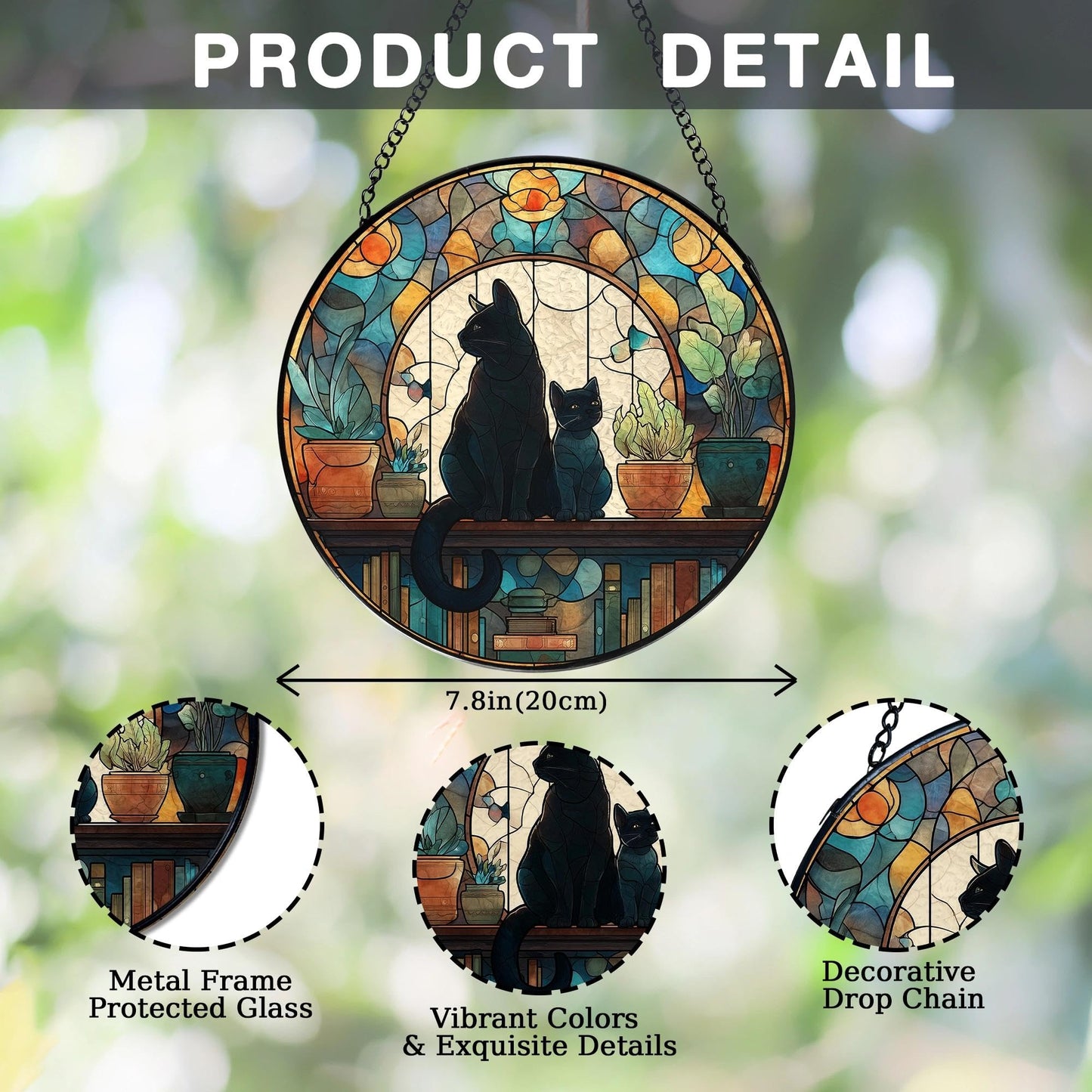 LIANGEAGOM Black Cat Book Lovers Stained Glass Window Hanging, Book Lovers Reader Gifts Suncatchers Sun Catchers Indoor Window Glass Wall Art Decorations, Black Cat Gifts for Women, 7.9x7.9in, Patio