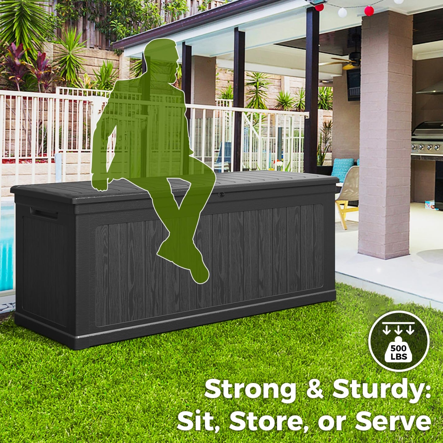 Lyromix 230 Gallon Outdoor Storage Box, UV-Resistant Waterproof Deck Box Outdoor with Lockable Design (Lock Not Included) and Hydraulic Lid, Patio Storage Bin for Cushions and Garden Tools, Black