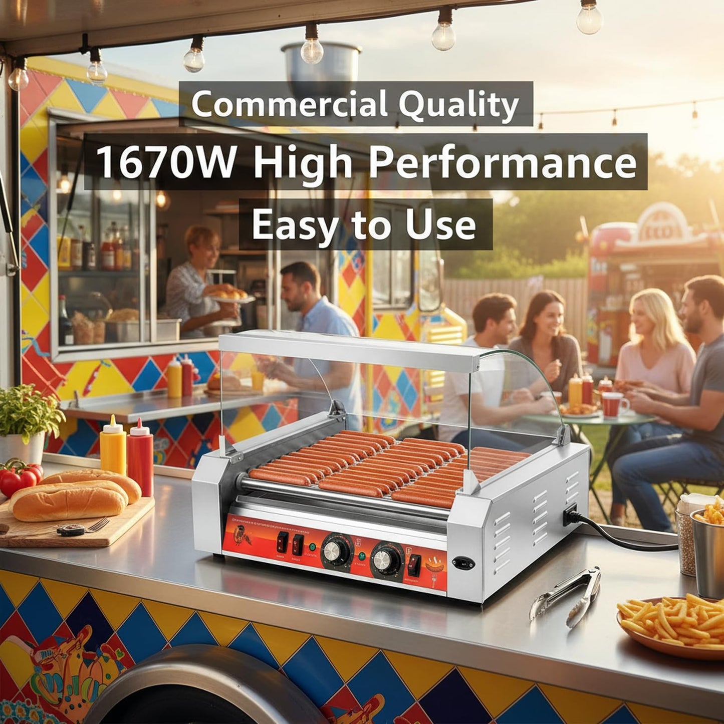 Vexon 11-Roller Hot Dog Machine,Holds 30 Hot Dogs,1670W ,Non-Stick & Stainless Steel,for Parties, Events & Food Stalls
