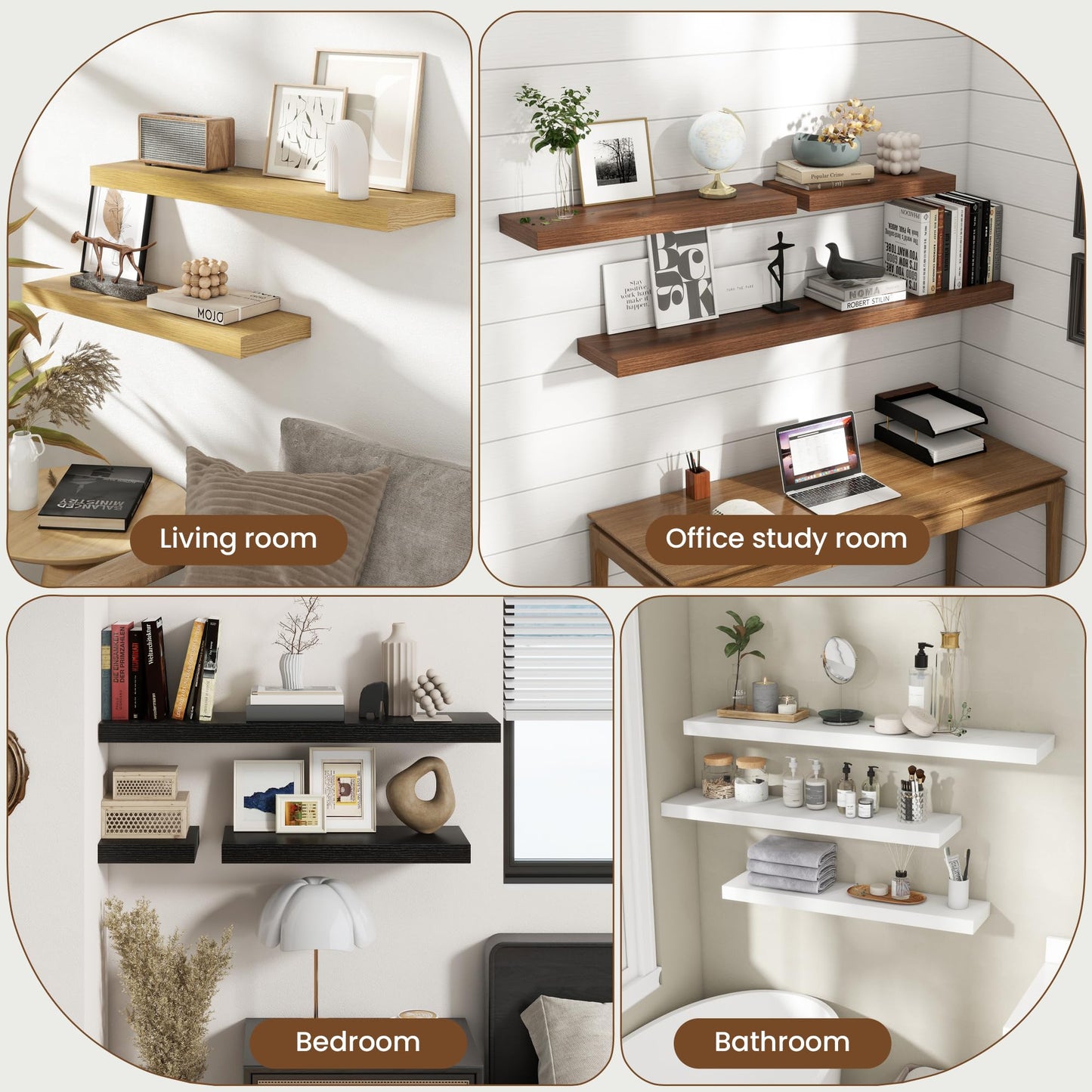 24 Inch Floating Shelves for Wall, 8 Inch Deep Floating Shelf for Storage & Display, Wall Mounted Shelf with Invisible Brackets for Living Room, Kitchen, Bathroom, Home Decor, Set of 2, Rustic Brown