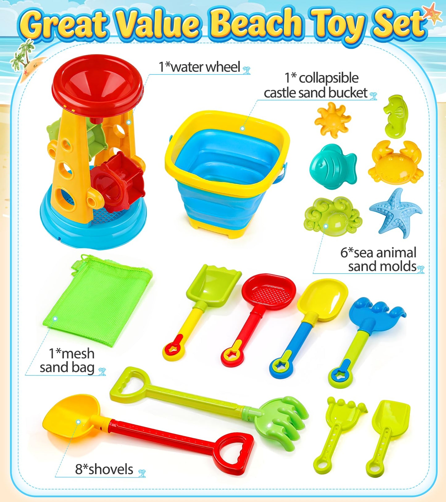 Collapsible Beach Sand Toys for Kids Toddlers, Collapsible Sand Bucket with Water Wheel Sifter Shovels Set with Mesh Bag and Sand Molds, Travel Beach Sandbox Toys for Boys Girls 3 4 5 6 7 8 9 10+