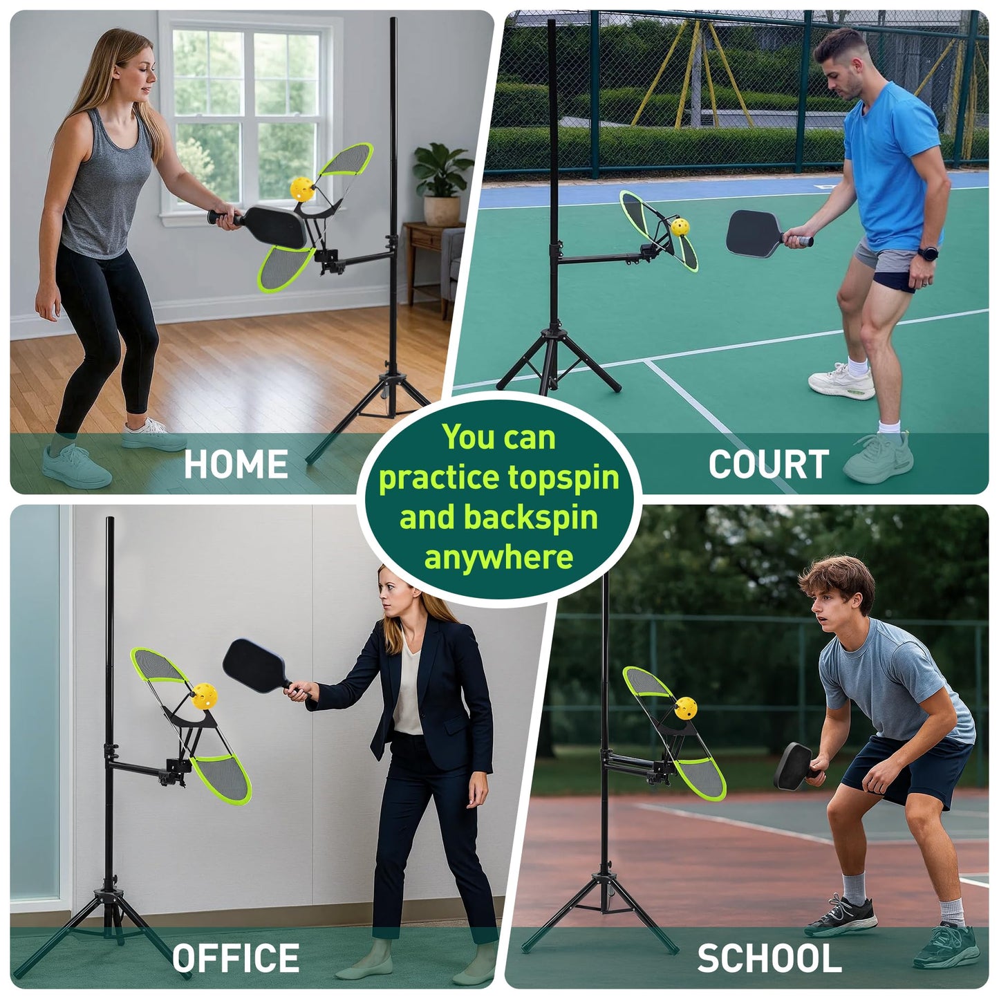 WAOPSO Pickleball Topspin Trainer,Tennis&Pickleball Practice Tool with 360Β° Angles and Height Adjustment, Portable Pickle Ball Training (Matte Black + Green)