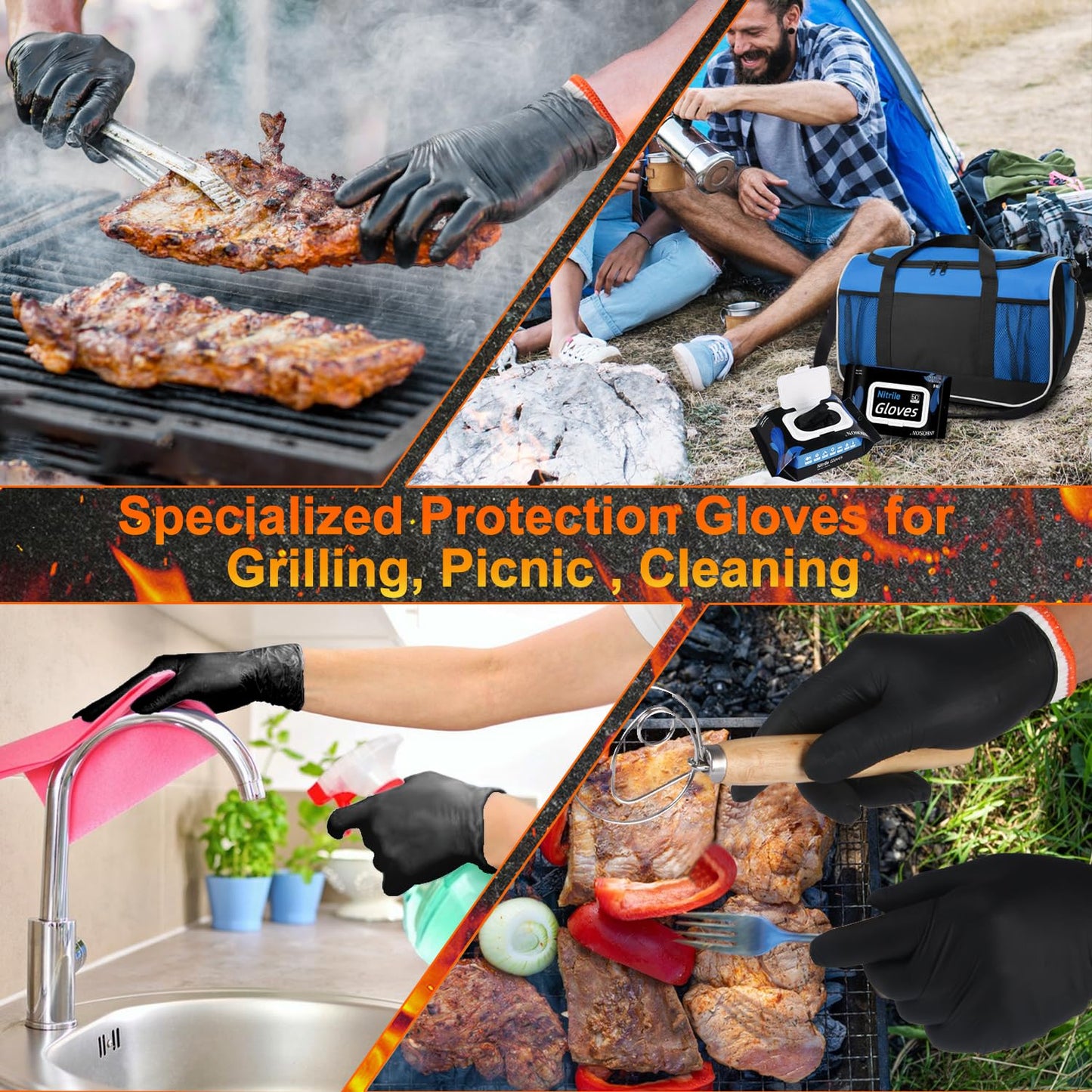 BBQ Gloves 50 Disposable nitrile Gloves with 2 Reusable Cotton Liners Guantes for Cooking Food Prep,Powder Latex Free,Heat Resistant for Grilling, Barbecue, Smoker Guante Heat Froof for Men - XLarge