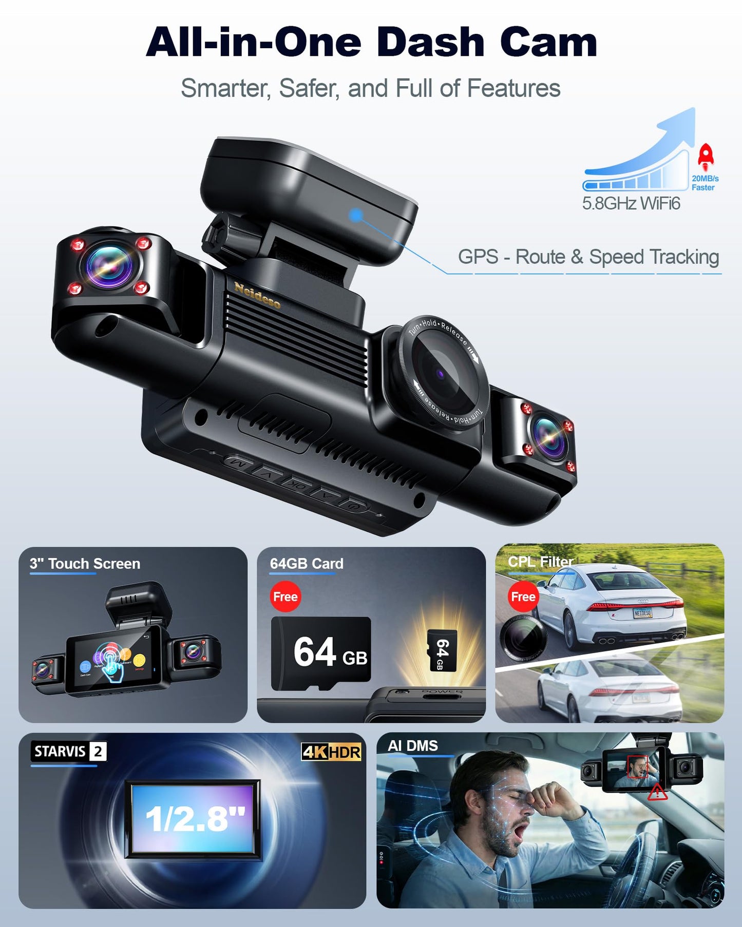 4K STARVIS 2 Dash Cam Front Rear, 5.8GHz WiFi 20MB/s Download, Free 64GB Card, 4 Channel 360° Dash Camera, 3" Touch Screen, AI Driver Monitor System, WDR Night Vision,HDR GPS,24H Parking Mode(N300Pro)