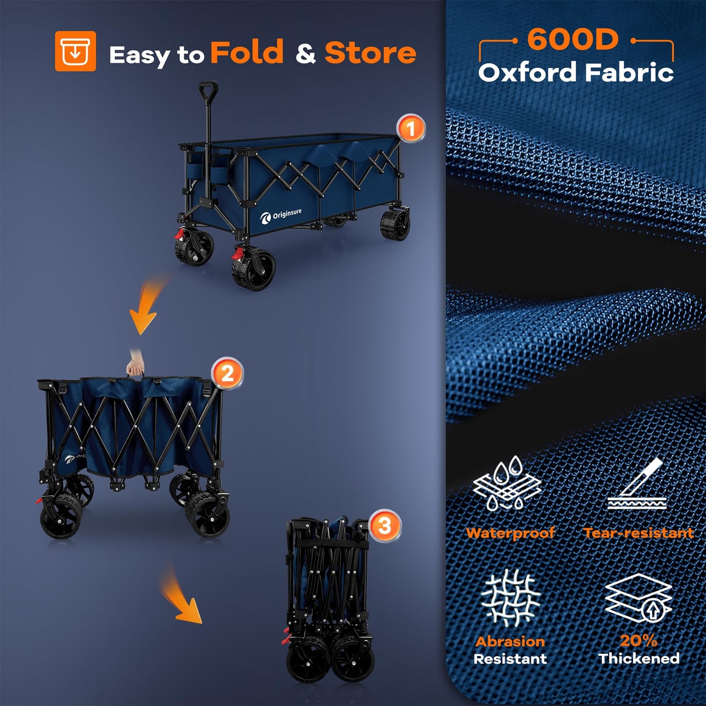 48" L Folding Beach Wagon Cart Foldable, 560lbs Weight Capacity 300L Heavy Duty Collapsible Wagons with Big All-Terrain Wheels, Utility Carts for Groceries, Shopping, Camping, Sports - Blue