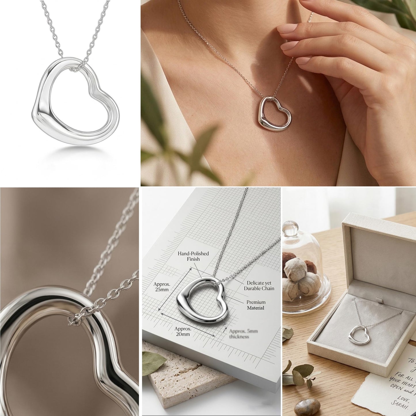 LeCalla 925 Sterling Silver Heart Necklace Open Heart Pendant Open Heart Necklace for Women Floating Love Heart Necklace 18 Inches