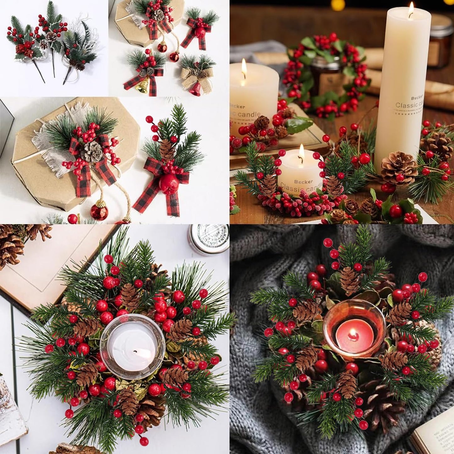 RONYOUNG 20PCS 5.7inch Christmas Berries Red Stems Pine Branches, Christmas Picks Artificial Pine Cones Holly Stem Craft Winter Holiday Floral Picks for Décor DIY Xmas Garland Wreath Ornament