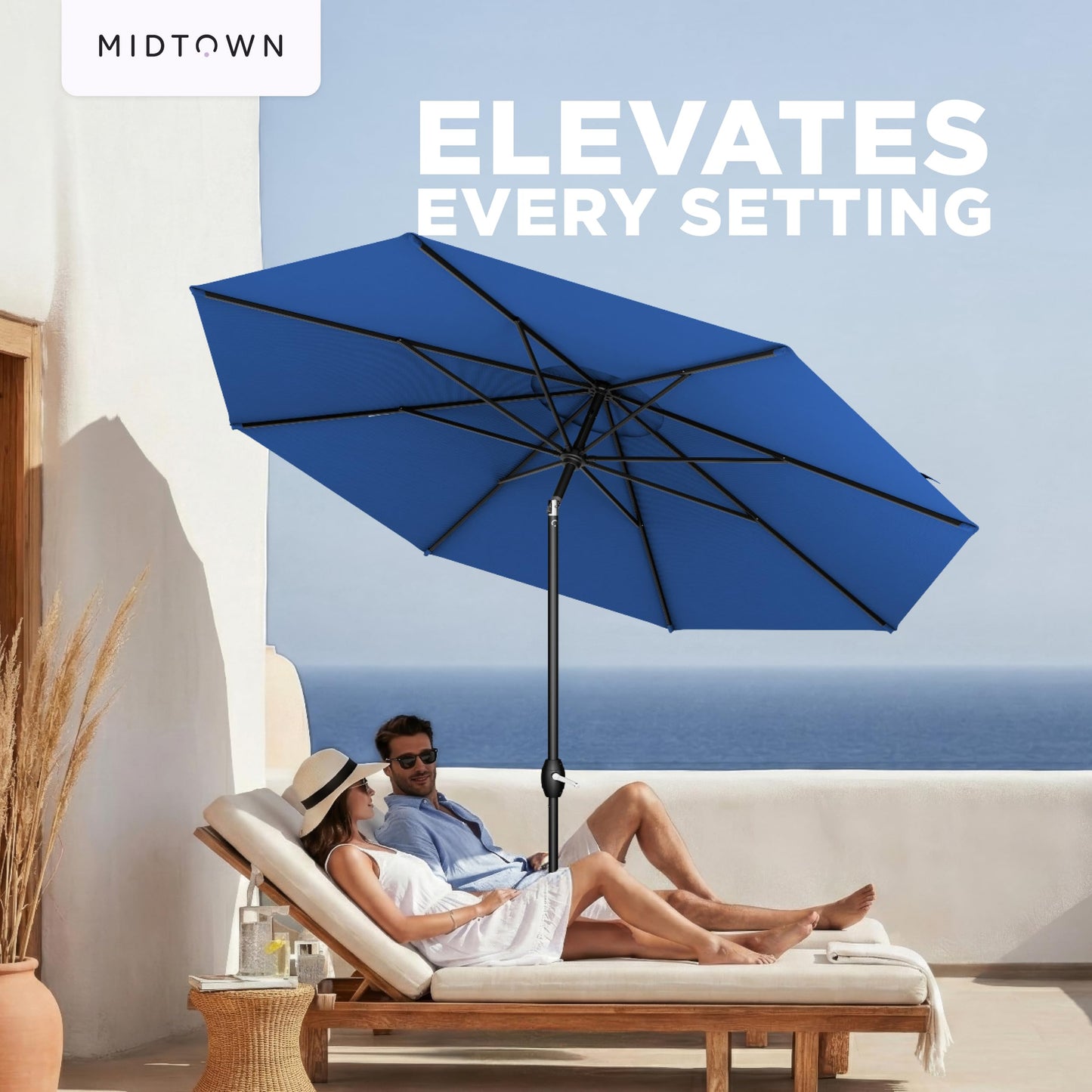 Midtown Umbrellas – The Lean 9 Ft Patio Umbrella with 10-Year-No-Fade Acrylast Acrylic Fabric, Auto-Tilt and 8 Reinforced Ribs for Deck, Pool, Garden, Hotel & Cafes – Deep Atlantic Canopy, Black Pole