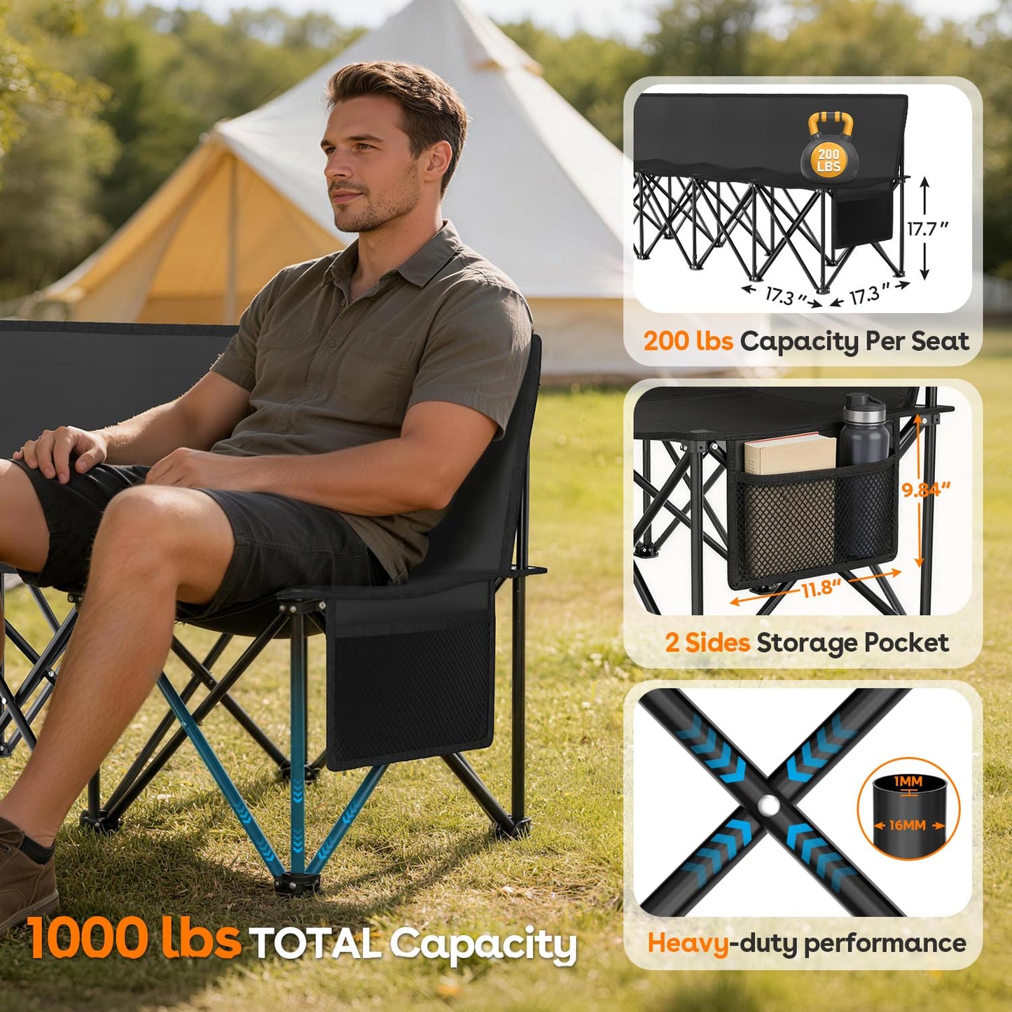 Suteck 8-Seat Folding Bench Seat–Portable Team Bench Soccer with 17.3"x 17.3" Individual Seats, 600D Oxford Fabric & Side Pockets, Heavy Duty Outdoor Bench for Sports, Camping, Patio & Park Events