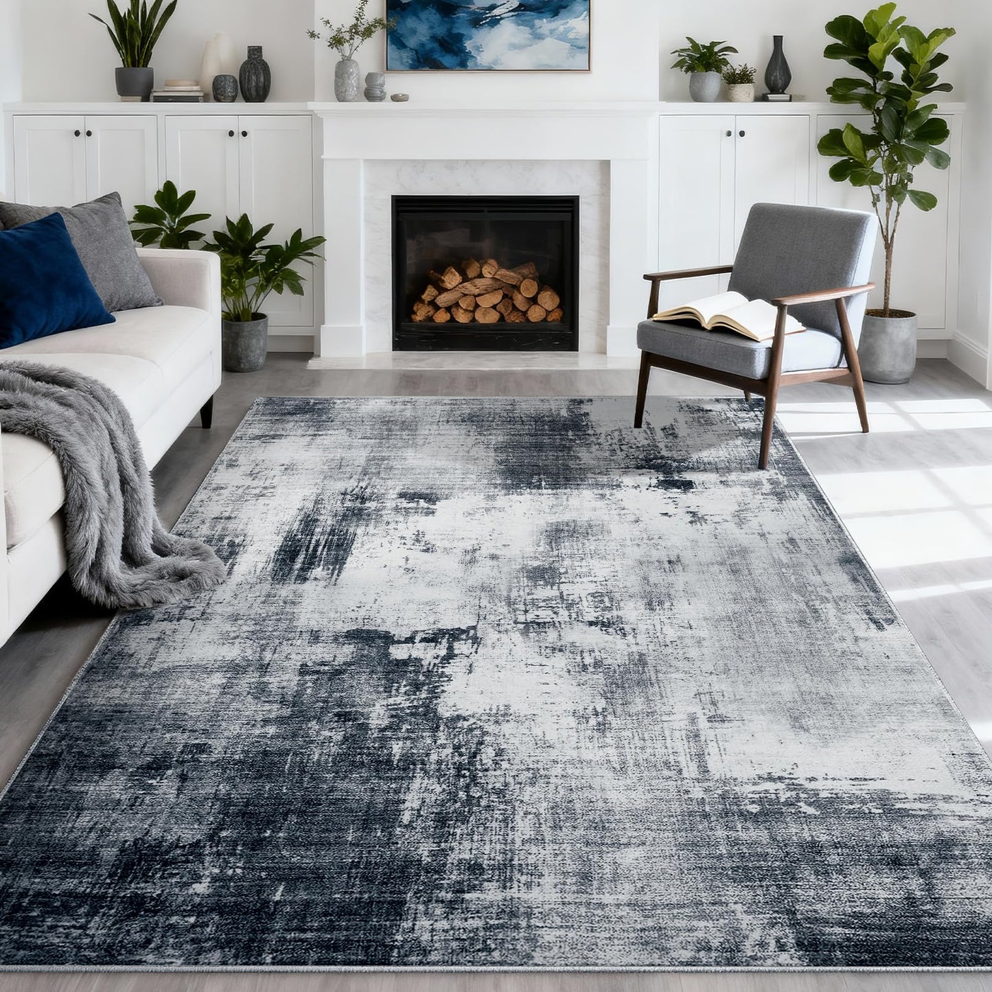 WEZVIX Area Rug 5x7 Living Room Rugs, Modern Abstract Washable Rug,Non-Slip Stain Resistant Carpet for Entryway Bedroom Dining Room Farmhouse Nursery Home Office-Abstract Blue Gray
